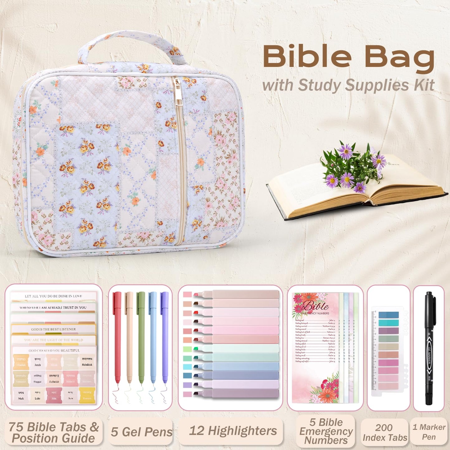 XKDOUS Bible Cover Case for Women Large Bible Bag w/Handle, Tabs, Pens, Study Supplies Organizer Journaling Kit Quilted Book Carrying Case Christian Gifts for Mom, Lady, Friends