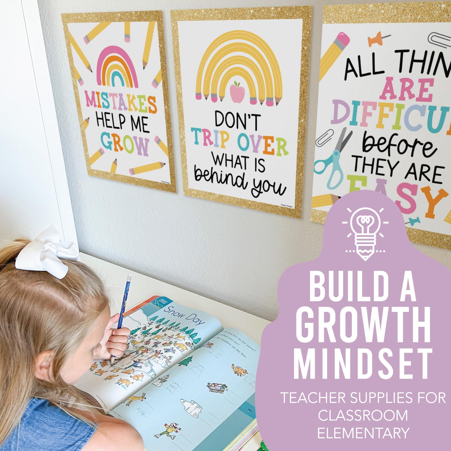 Hadley Designs Motivational Poster for Classroom Decor - 9 Growth Mindset Classroom Posters Elementary, Inspirational Wall Decor Middle School, Teacher Must Haves, Pastel Bulletin Board Decorations