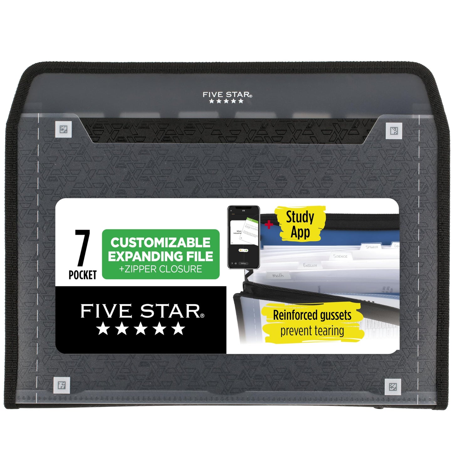 Five Star Expanding File Organizer + Study App, 7-Pocket Accordian File Organizer, Zipper Closure, Holds 8-1/2" x 11" Paper, Black (72709) (Pack of 6)