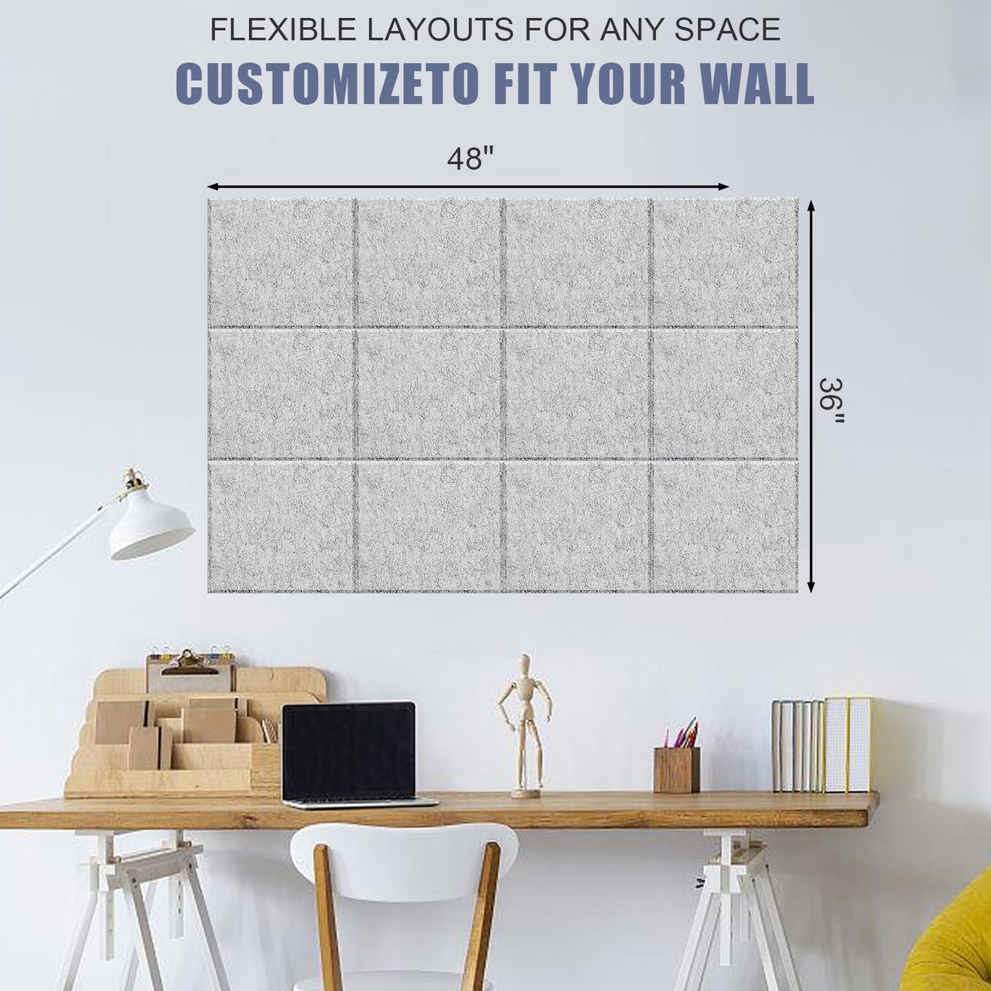 Large Cork Board Alternative 48" X 36" Bulletin Board - 12 Pack Removable Felt Wall Tiles with 30 pushpins, Large Cork Boards for Walls Cork Board for Office Pin Board Tack Board - Silver Gray