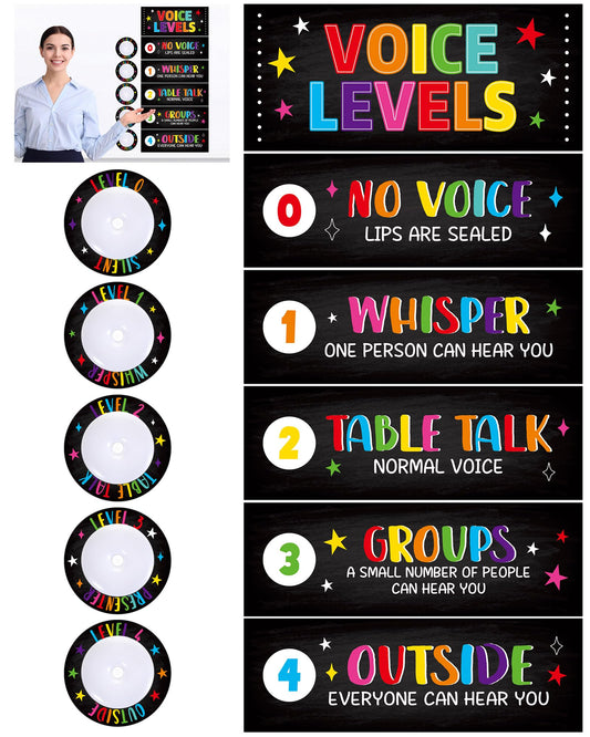 5 Pcs School Push Light and Voice Level Poster Voice Level Chart Monitor Rules Sign LED Tap Light Classroom Rules Poster Noise Chart Classroom Management Tools for Teachers（Colorful chalkboard Style）
