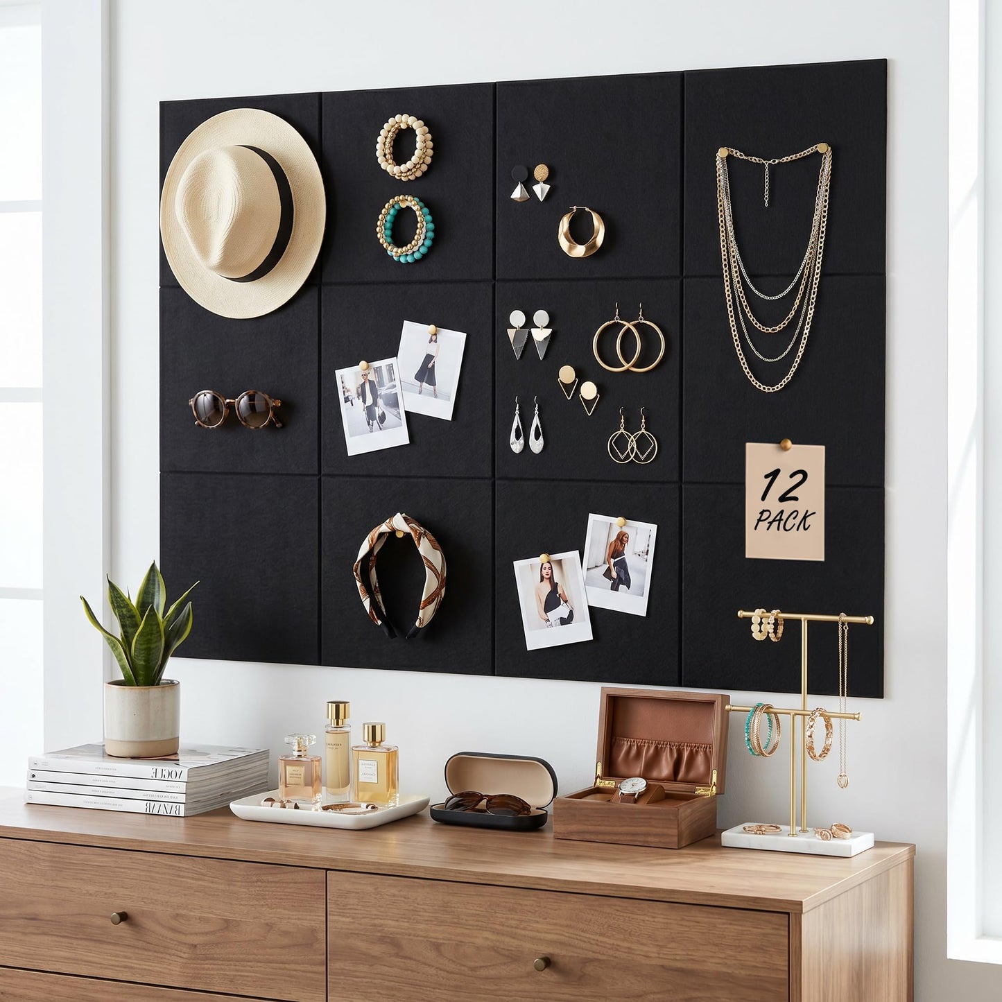 MISSDAY Black Acoustic Wall Panel Felt Bulletin Board 48" x 36" Cork Board for Wall, 12-Pack Boards with 72 Removable Adhesive Tabs, 50 Pins, Pin Board for Home Office Classroom Soundproof Wall Tile