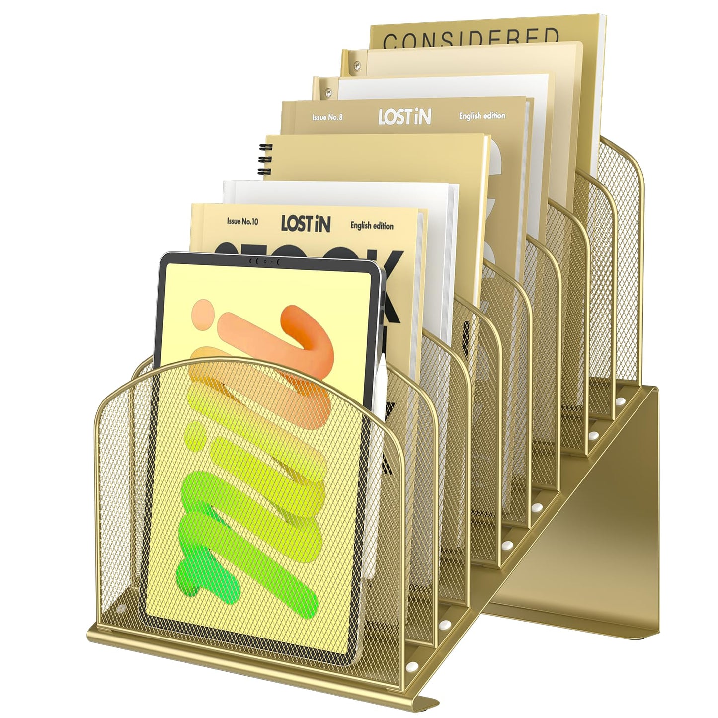 Inclined Desk File Organizer Metal Desk Magazine Folder Holder with 8-Section Vertical Compartments Rack File Organizer for Office, Home, School, Gold