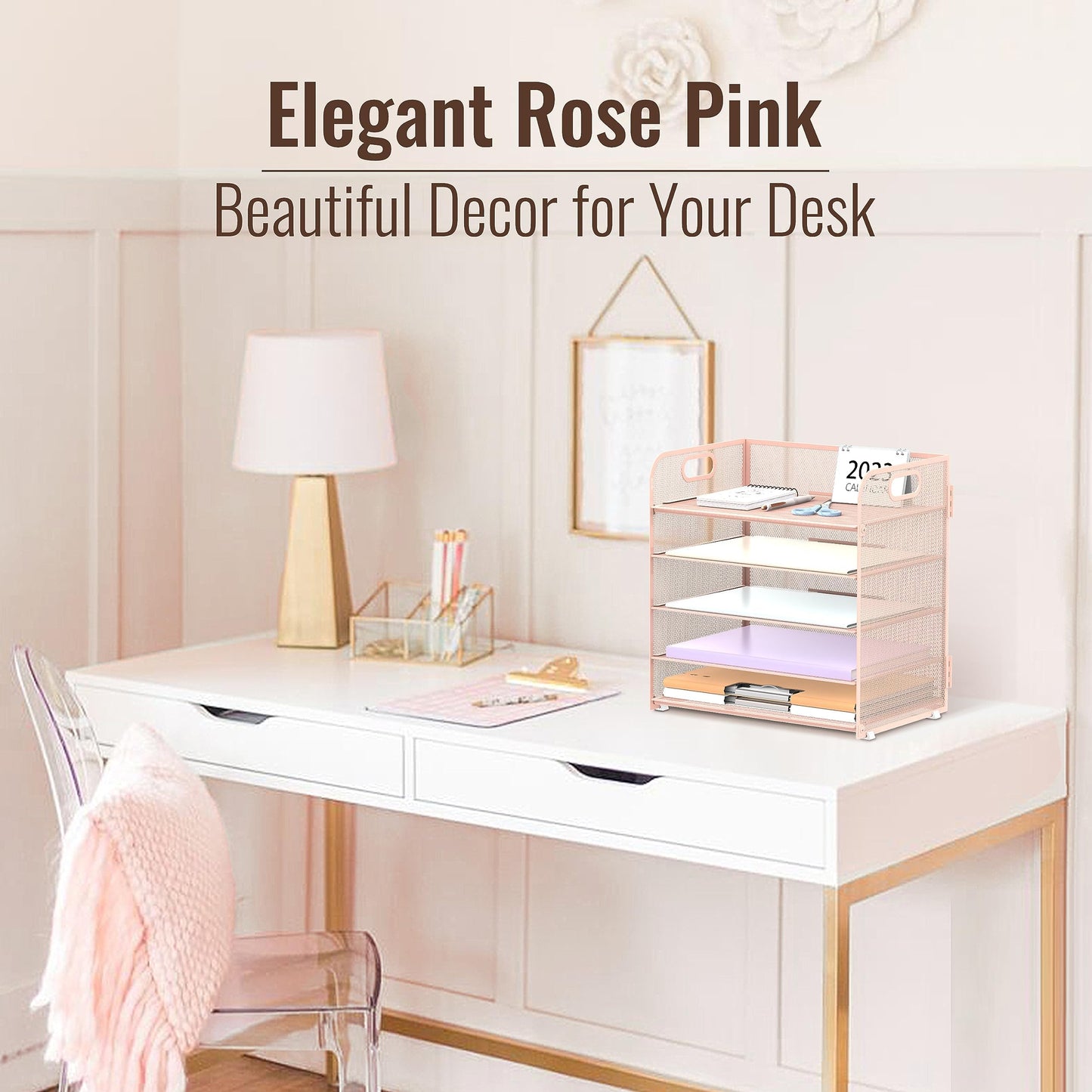2 Pack 5-Tier Pink Desk Organizer with Handle Mesh Desk File/Paper Organizer Letter Tray for Office, School, Classroom and Home Easy Installation