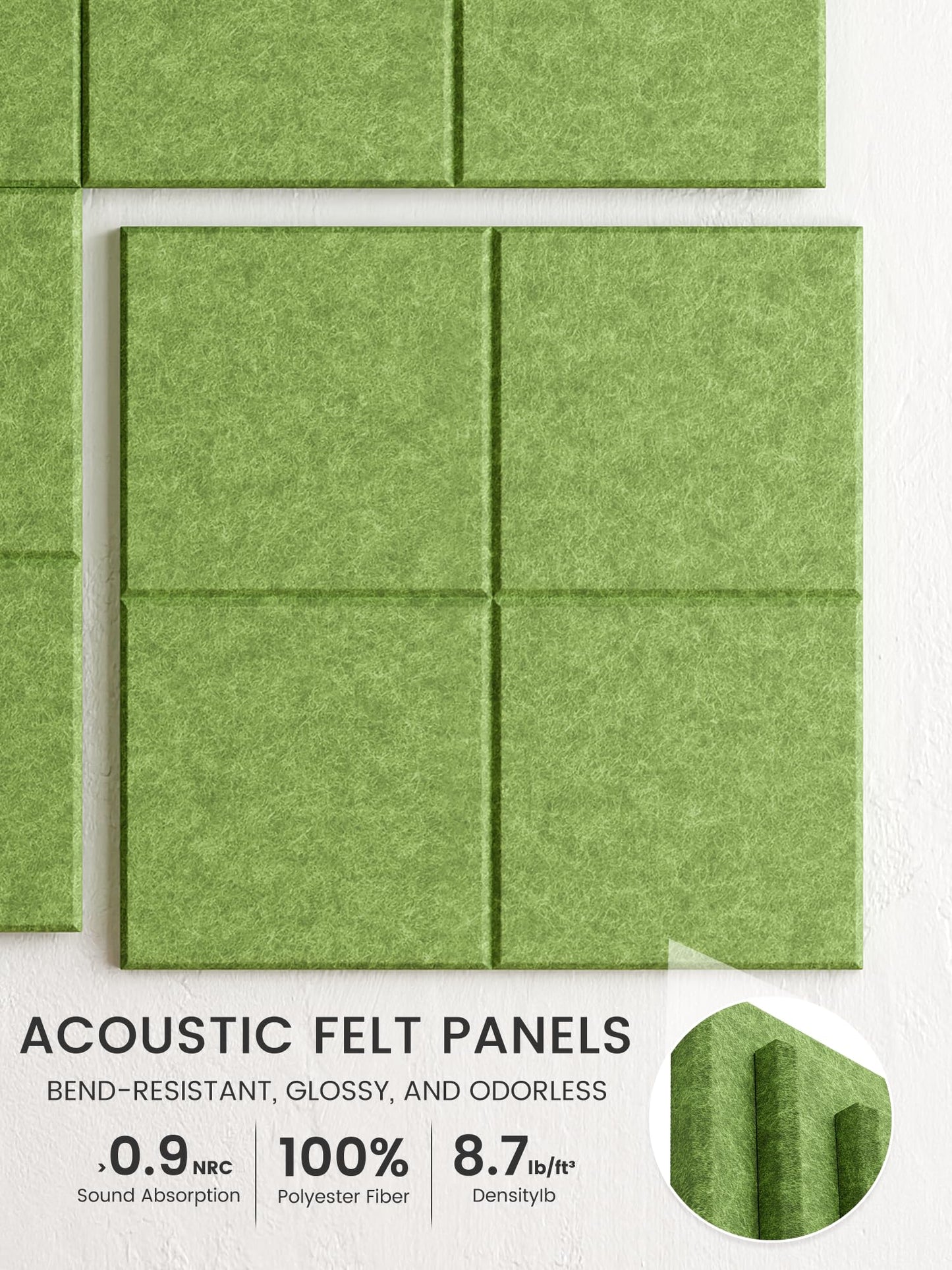 Bumusty Large Felt Bulletin Board, 48" x 36" Cork Board Alternative, 12-Pack Wall Tiles with 4-Compartment Design, 30 Push Pins, 70 Adhesive Tabs, Ideal for Office & Home Decor, Kelly Green