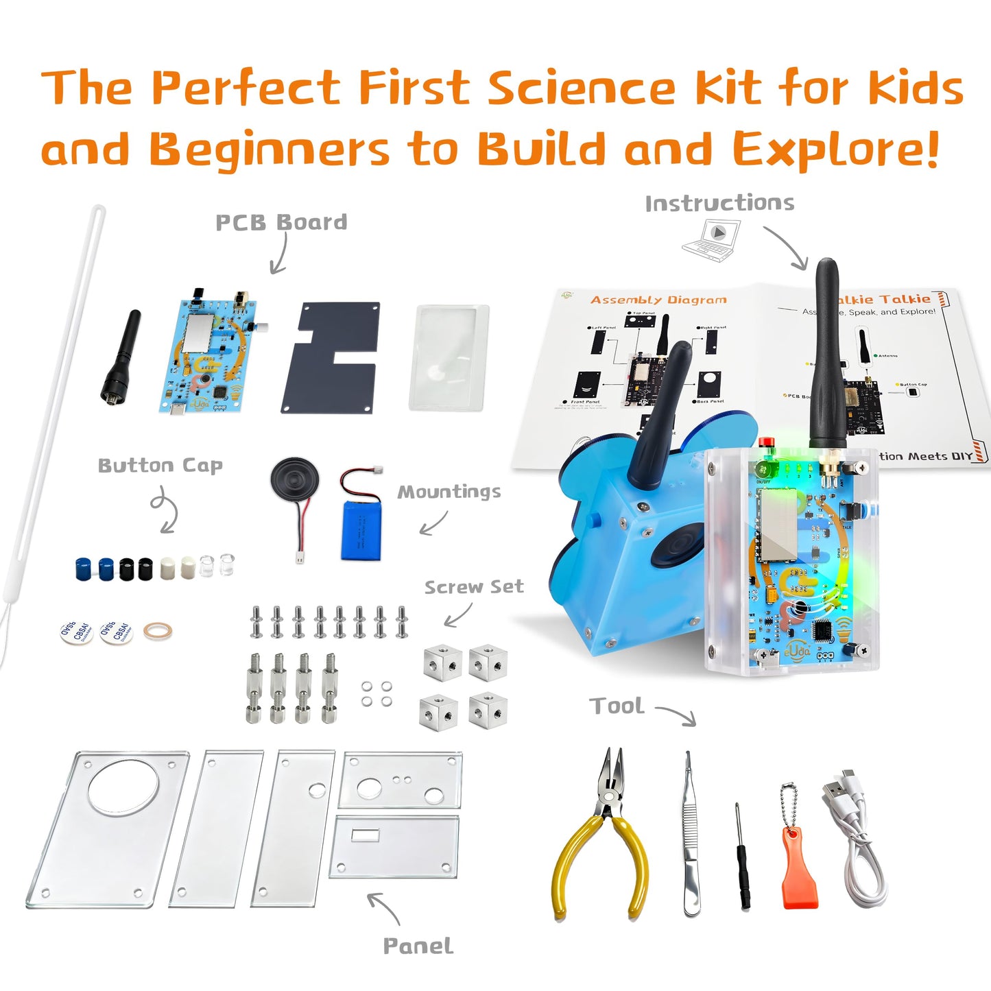 eUda+ STEM Walkie-Talkies Kit Stem Toys for Ages 8-13-15-18+ Building Toys for Boys Age 8-12-14-16-17+ Science Experiments for Kids 9-12 DIY Kits for Kids Teenage Girl Gifts (Assembly Version, BTB)