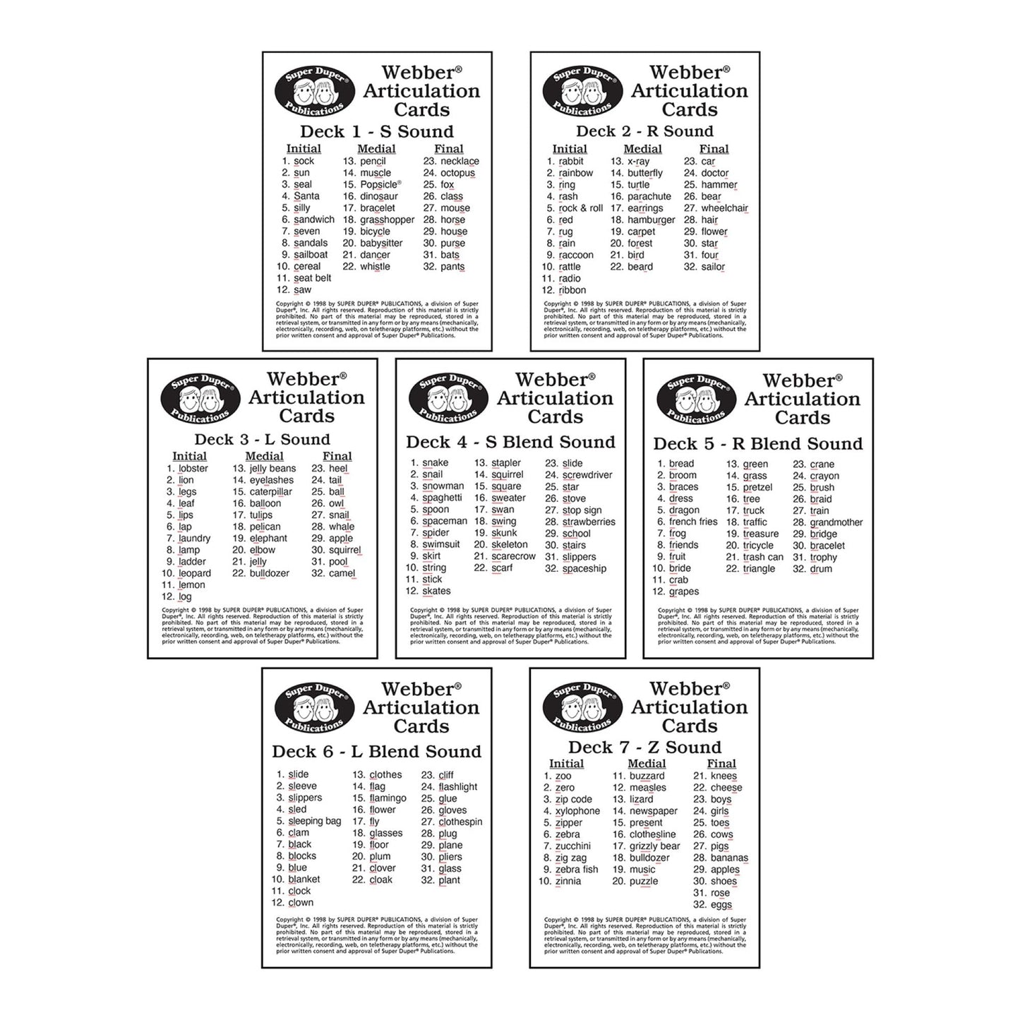 Super Duper Publications | Set of 7 Webber® Articulation Card Decks (Bundle Set 1) | Educational Learning Resource for Children | Flashcards for Speech Therapy