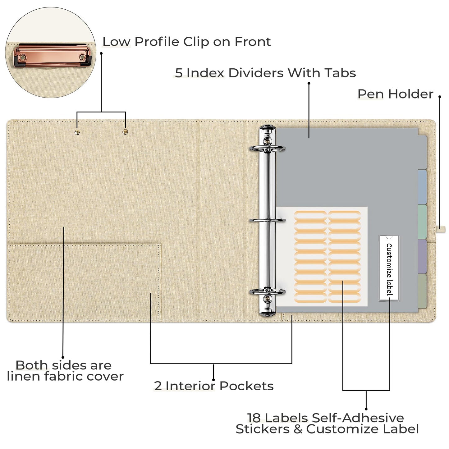 EYROZILL 3 Ring Binder 2 Inch, Binder for Letter Size (11" x 8.5") with 5 Tab Dividers, File Folder Labels and Low Profile Clipboards, Tulip White