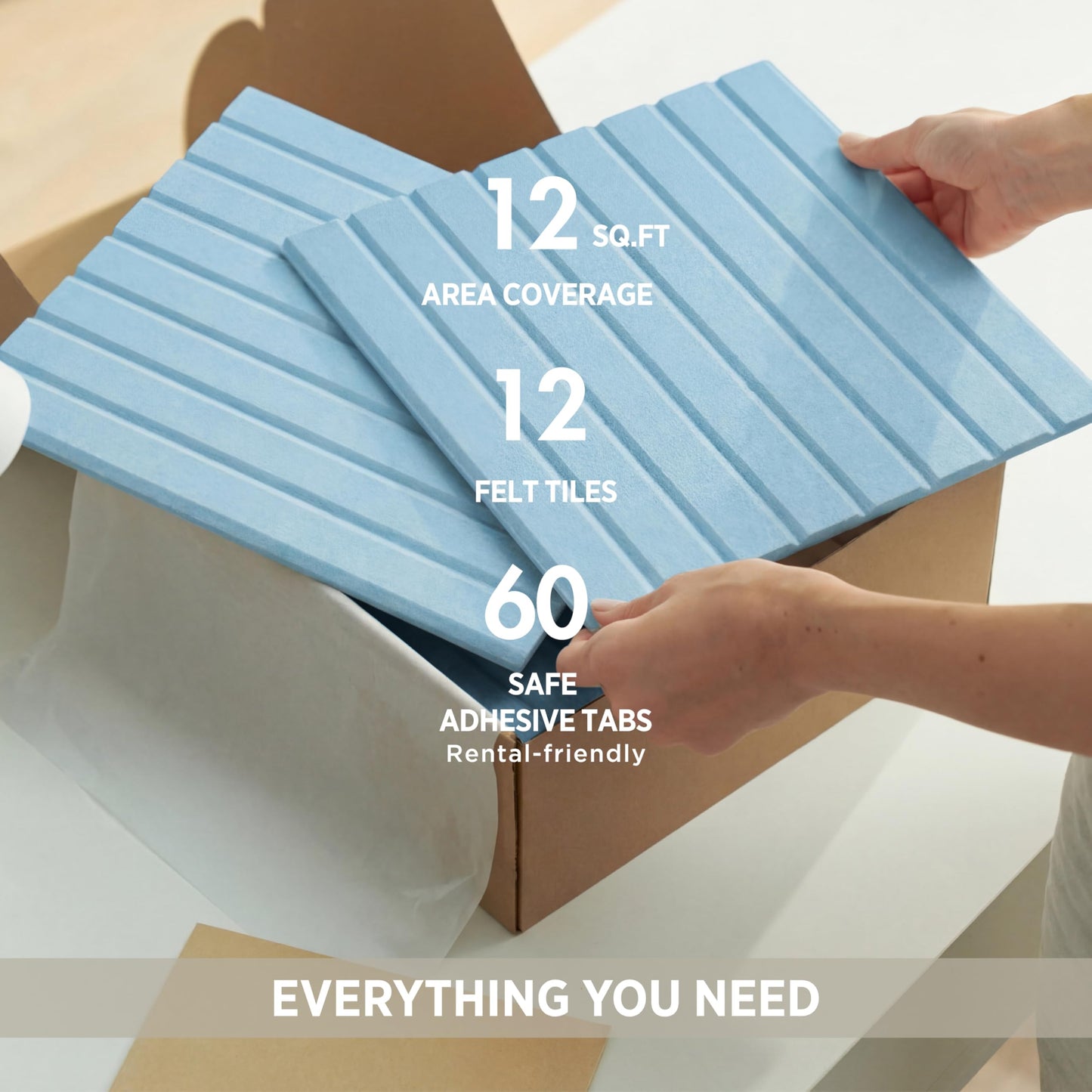 VIVELDA Felt Bulletin Board Tiles 48"x36" - 12-Pack Cork Board Alternative, OEKO-TEX Certified, NRC 0.95 Acoustic Wall Panels, Damage-Free Adhesive, Slatted Design, Home Office & Classroom (Baby Blue)