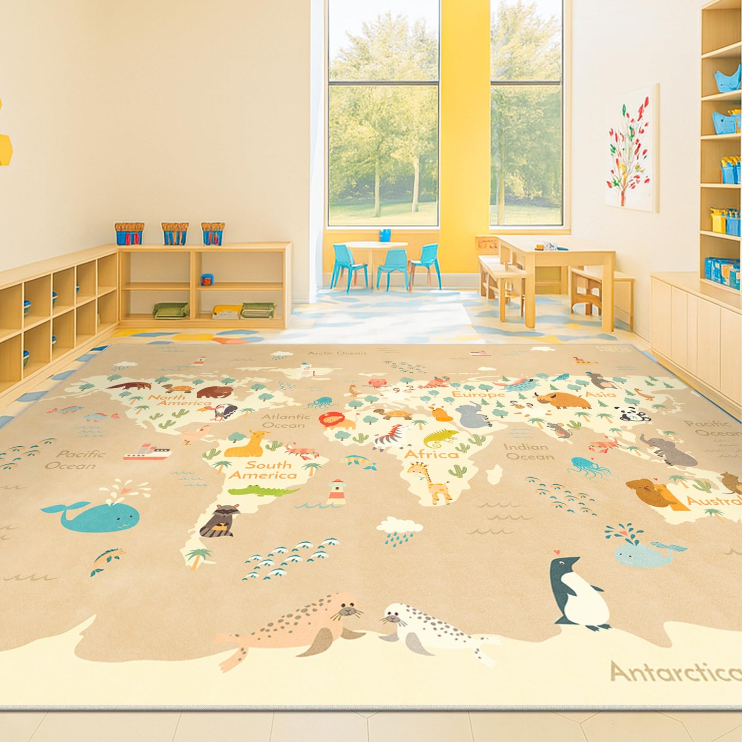 Hazo Haus Large Kids Rugs for Classroom - 6x9 Kids Room Rug with Animal & Educational World Map Play Mat - Washable, Non-Slip, Stain Resistant, Soft & Safe for Child, Playroom Essentials - Soft Beige