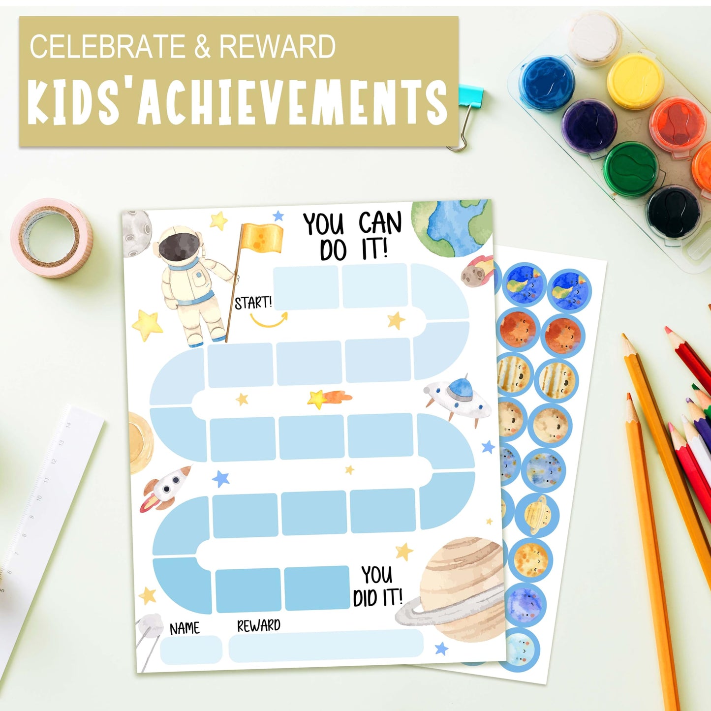 20 Outer Space Astronaut Reward Chart with 432 Round Stickers, Incentive Behavior Chart for Kids at Home Classroom, Kids Routine Daily Chore Sticker Chart-B17