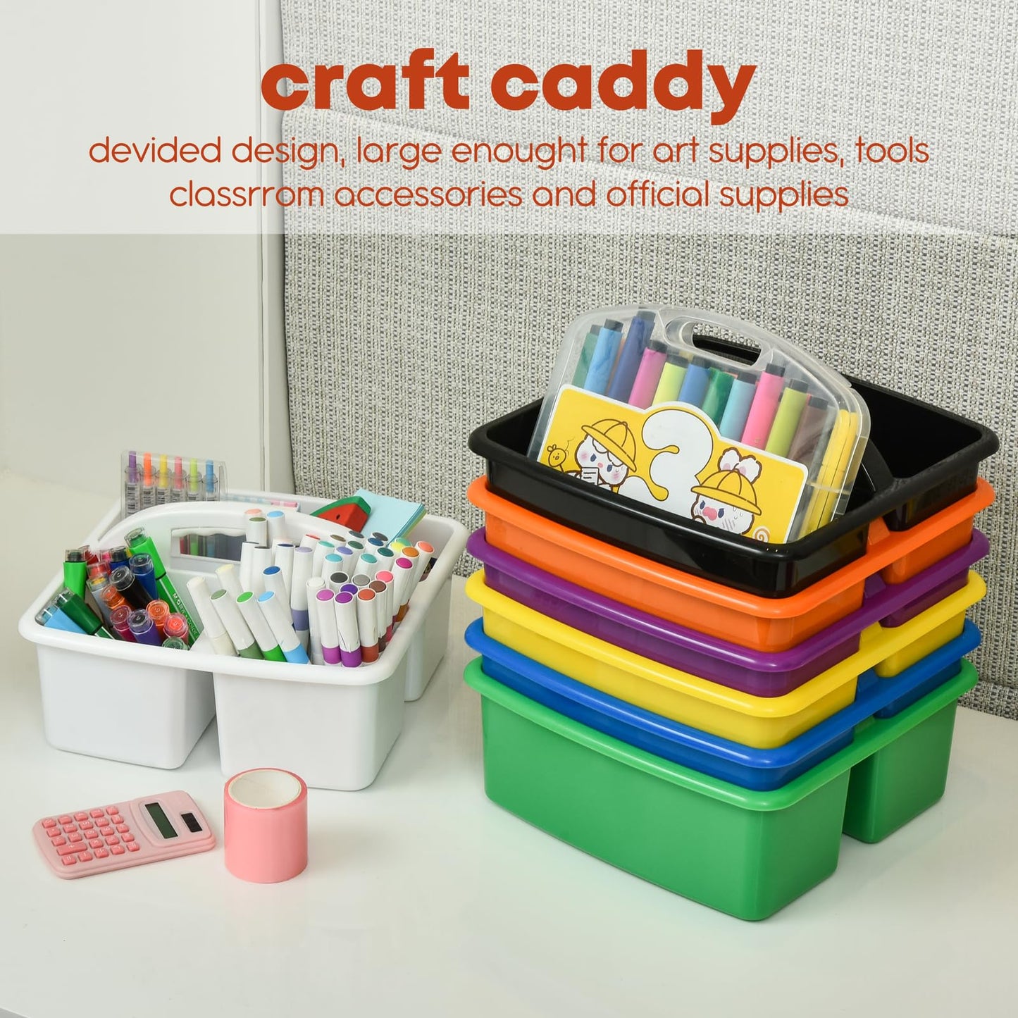 ALINK Plastic Classroom Caddy Organizer with Handle, 6-Pack 3 Compartments, Teacher Supply Storage Caddy for Classroom Organization, Table, Desk, Office, Craft Art for Kids - White