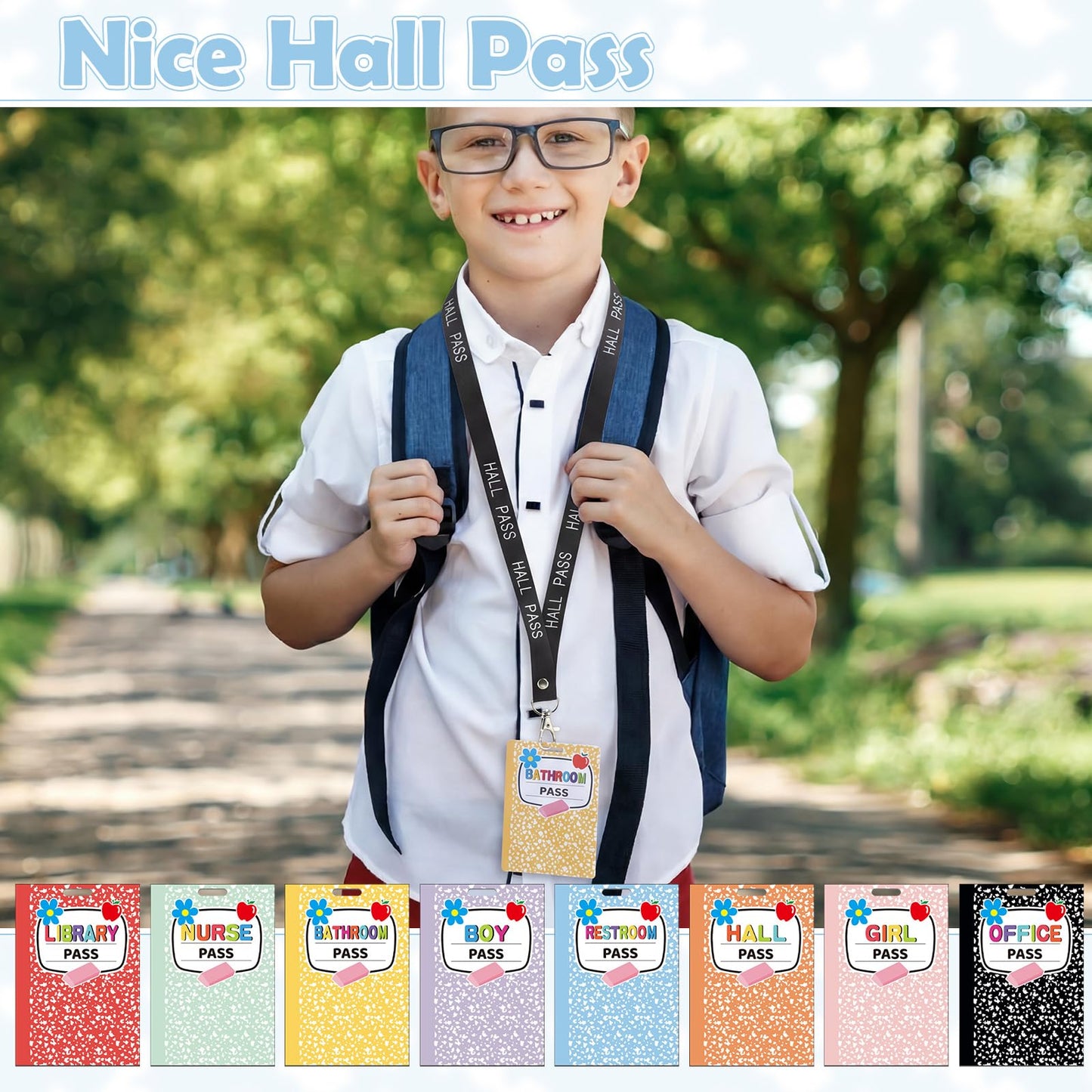 Fuyoooo 16 Set Colorful Composition Notebook Hall Pass Lanyards Unbreakable PVC Rainbow Classroom Passes with Lanyards Bathroom Boy Girl Library Hall Office Nurse Pass 2.4 x 3.5