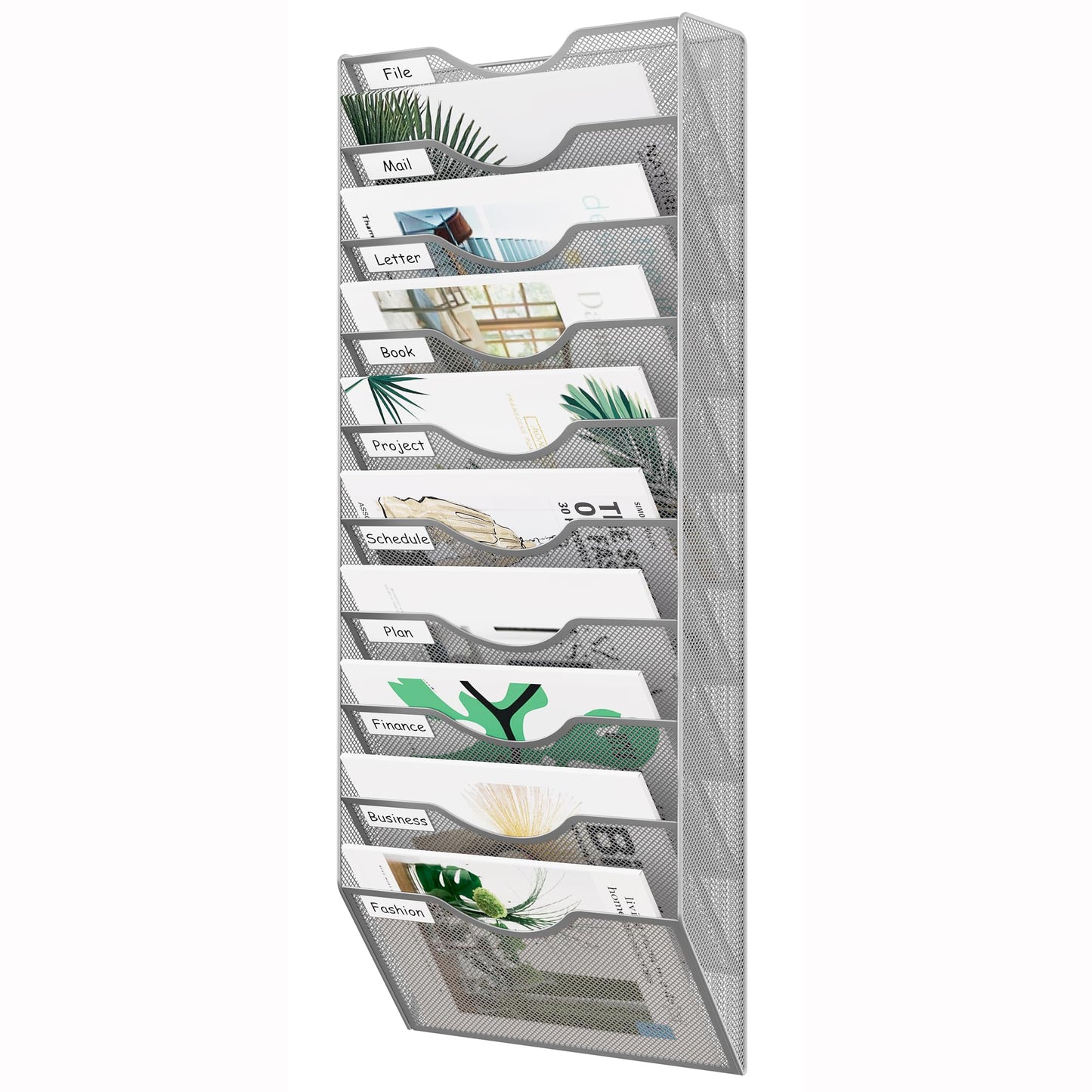 EasyPAG 10 Pocket Mesh Wall File Organizer, Hanging Paper Folder Holder with Classify Label, Vertical Wall Mount Mail Organizer for Office Home Classroom, Silver