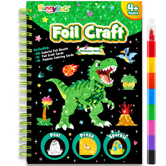 FUNNYB&G Foil Art Craft Kit for Boys 4-10 Years Old: Mess-Free & No-Glue, Create 16 Sparkly Dinosaur World Pictures – Perfect Travel Toy & Birthday Gift for Kids (Dinosaur World)