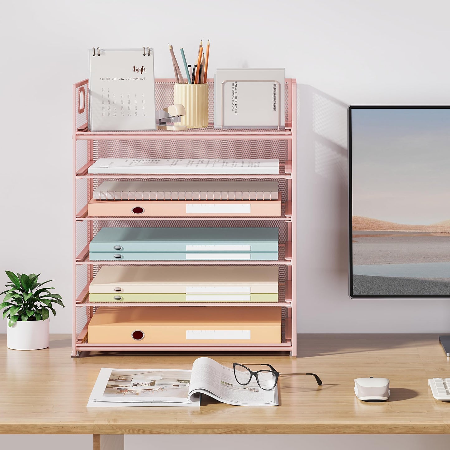 Subekyu 6-Tier Desk Paper Organizer, Desktop File Letter Tray with Handle, Document Sorter and Accessories Holder for Office, Home and School Workspace Organizers, Pink-2 Pack