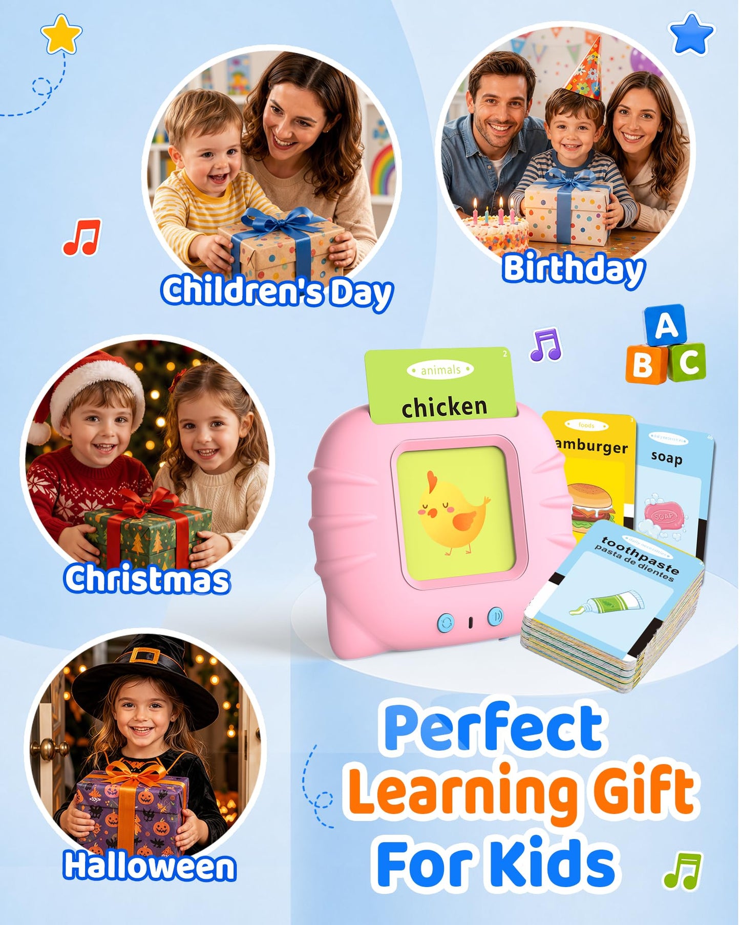 Aullsaty Talking Flash Cards for Toddlers 1-3, Upgraded 248 Sight Words Montessori Speech Therapy Toy, Autism Sensory Educational Learning Toys, Birthday Gifts for Boys Girls (Pink)
