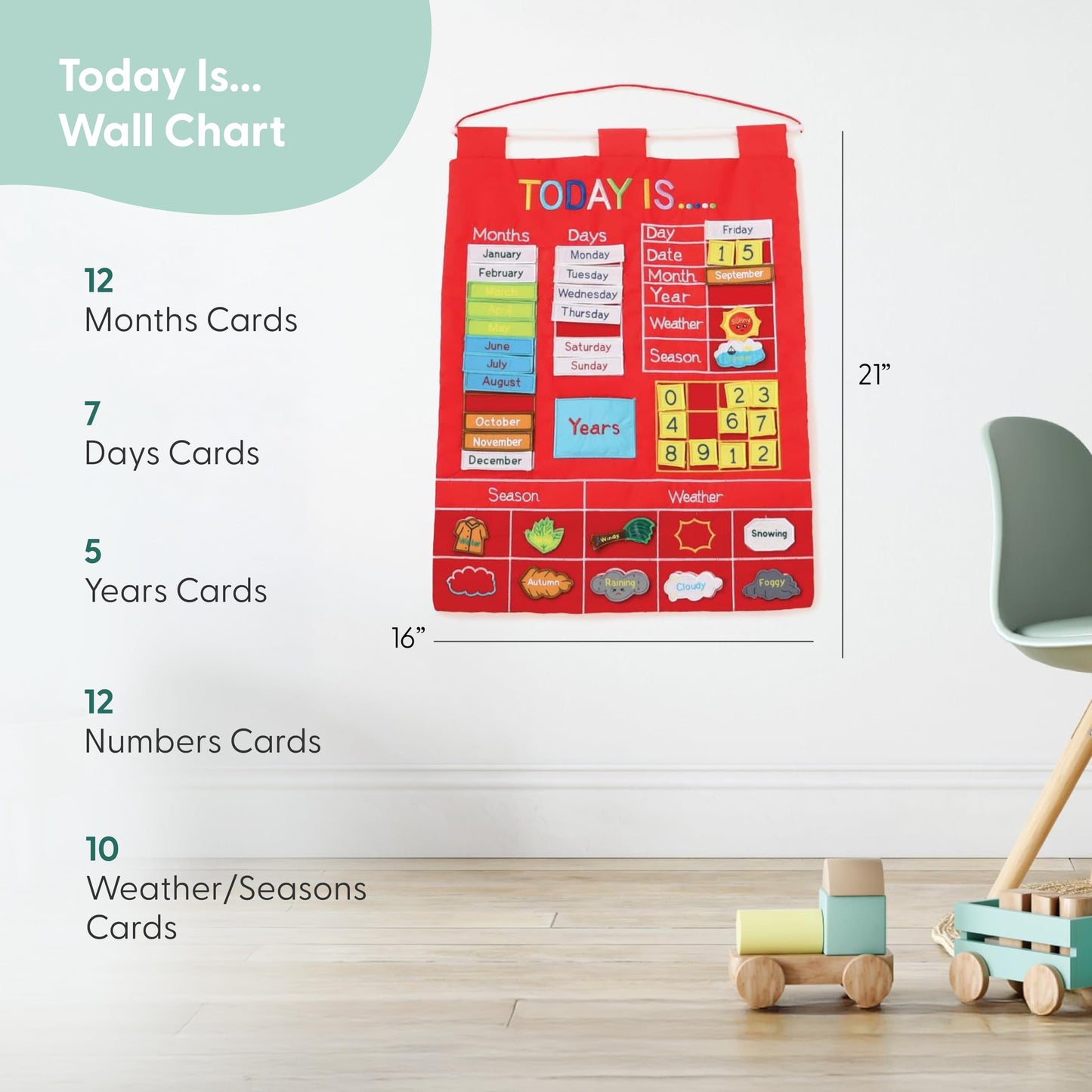 The Peanutshell Learning Calendar Wall Chart - Homeschool Supplies, Interactive Pocket Chart for Toddlers & Kids - Preschool Learning Activity Board, Circle Time Board for Classroom - Red Today is