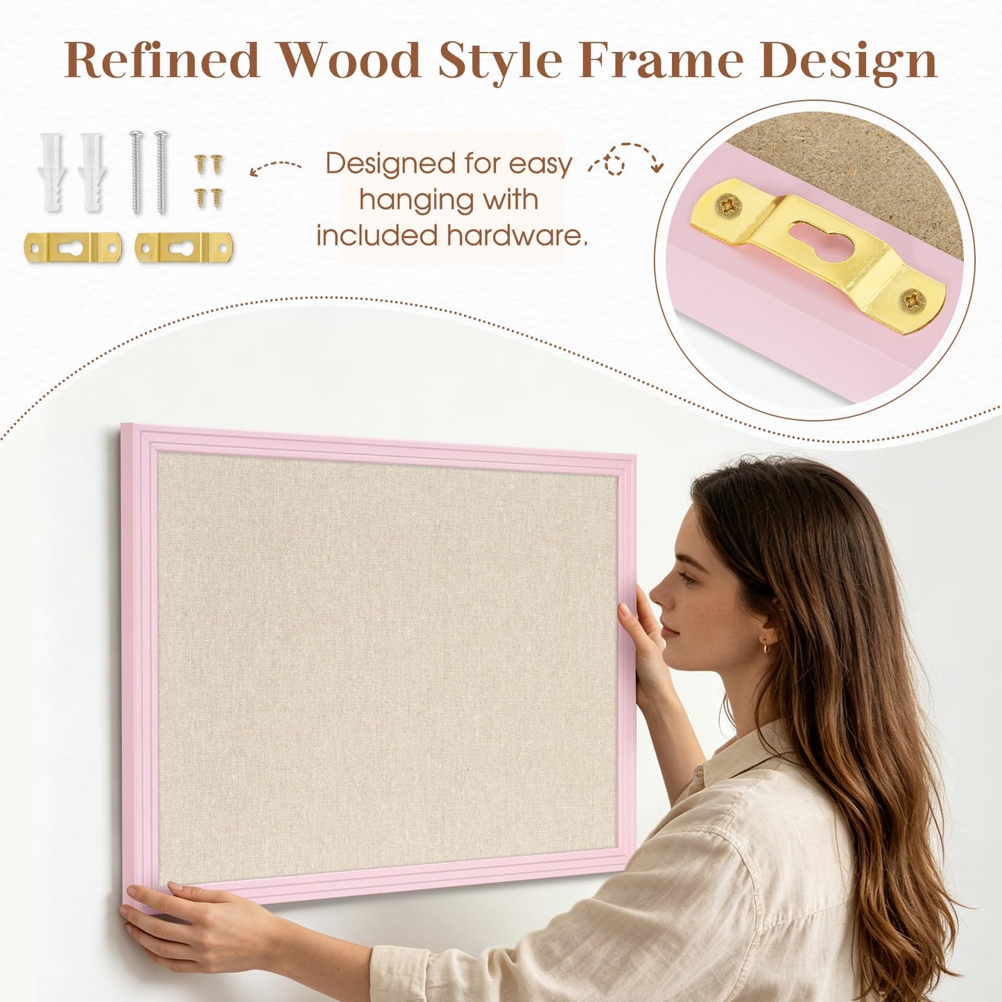 DOLLAR BOSS Linen Bulletin Board 36" x 24", Decorative Cork Boards for Walls with White Wood Frame, Premium Fabric Pin Board for Office, Home & School Room Decor, Pink