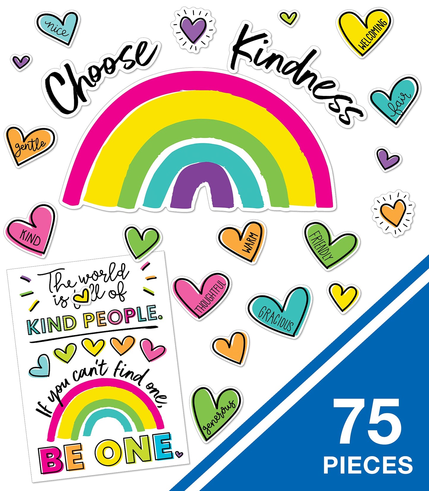 Carson Dellosa Kind Vibes 75 pc Bundle Motivational Bulletin Board Set, Poster, Rainbow, and Heart Cutouts with Positive Affirmations, Classroom Decor