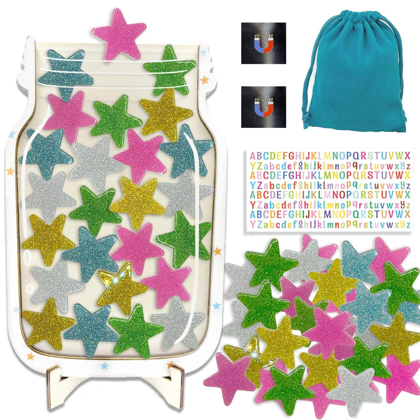 Orbixa Magnetic Star Reward Jar for Kids & Students – Glitter Magnetic Reward System for Classroom & Home, Personalized Behavior Chart with Sparkling Stars, Alphabet Stickers & Velvet Bag (Glitter)