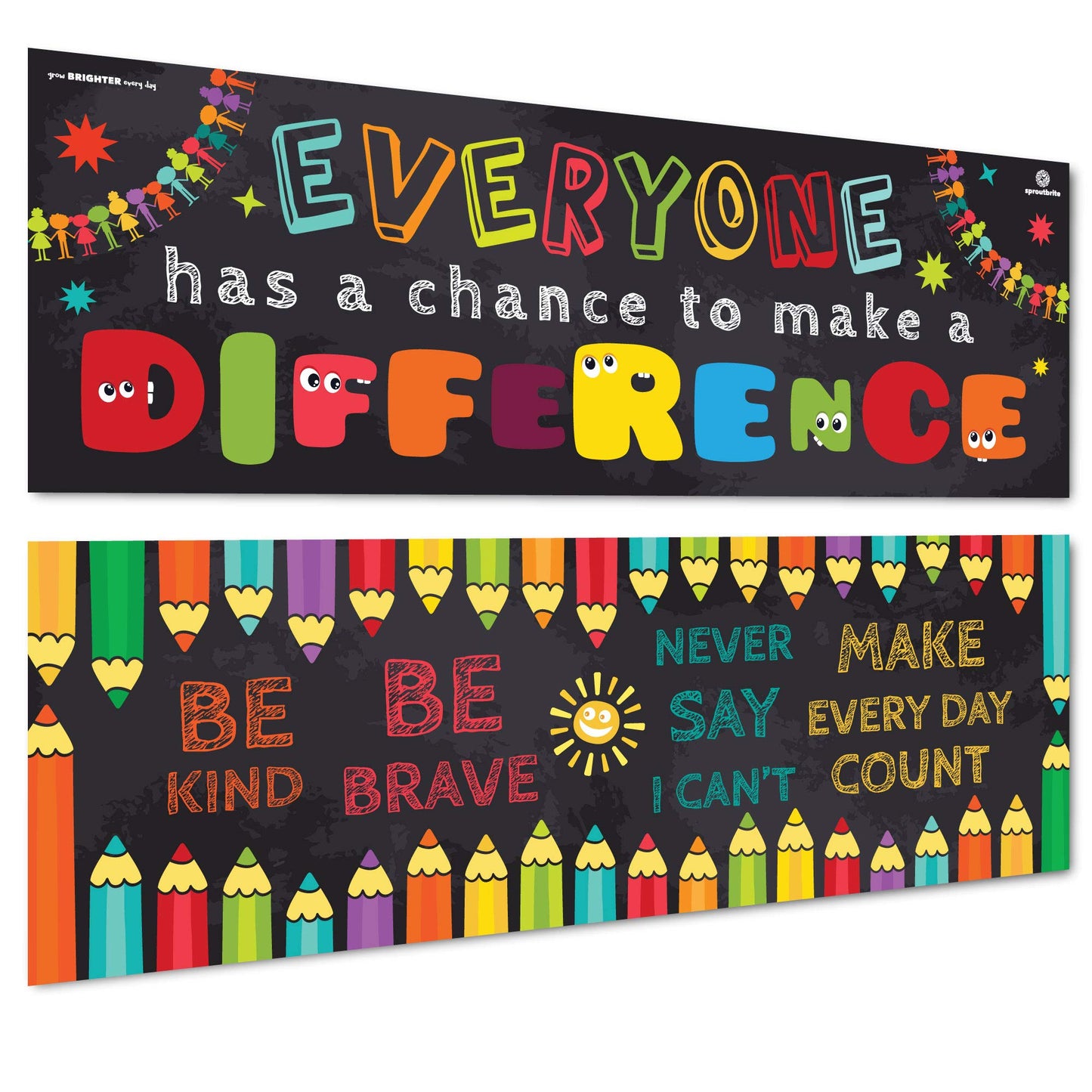 Sproutbrite 13.5" x 39" Educational Posters - 2 Teacher Posters for Classroom - Motivational and Inspirational Growth Mindset for Students - Bulletin Board and Wall Decor for Pre, Elementary and Middle School Promotes Kindness, Confidence, and Positive Be