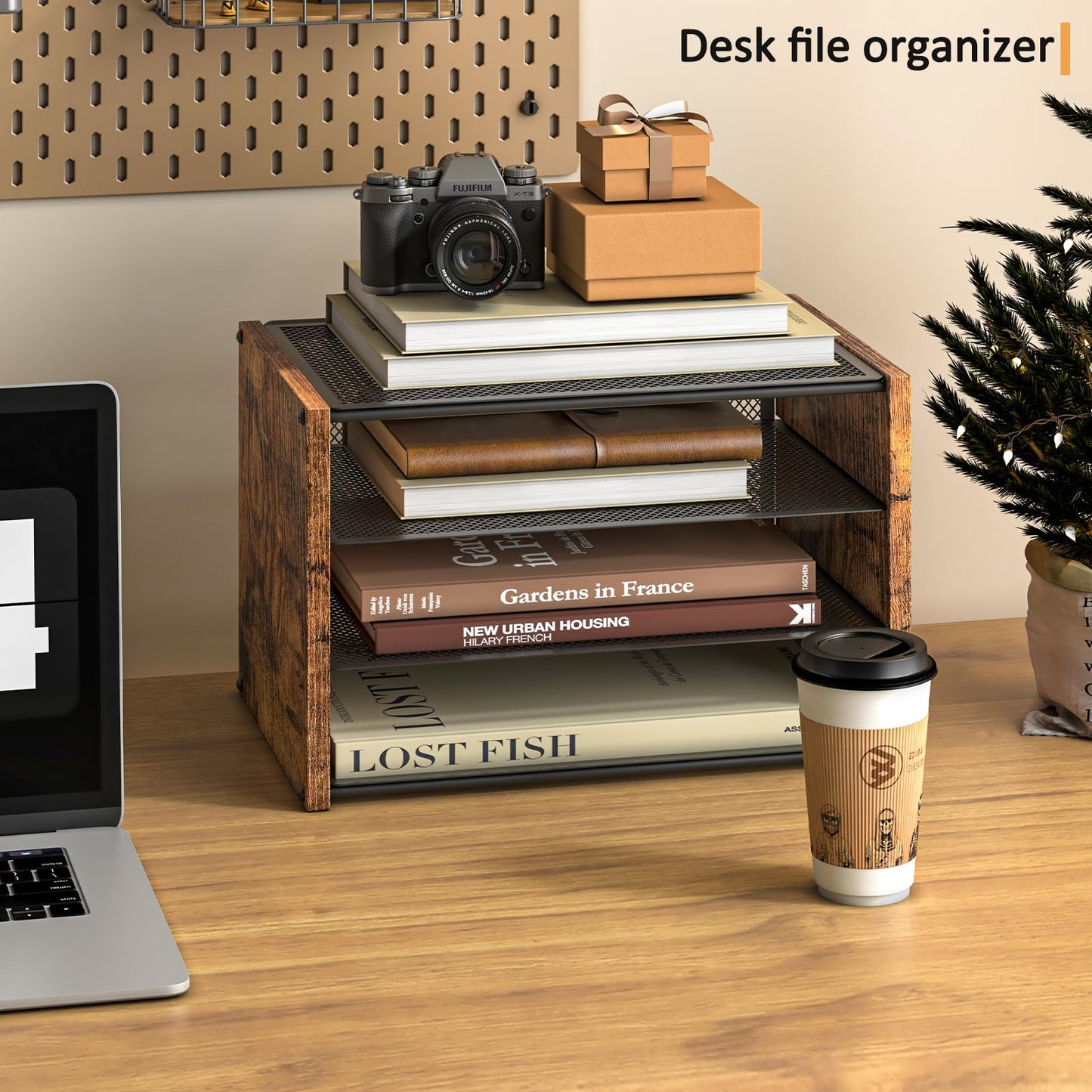 DAOUTIME 3-Tier Paper Letter Tray, Wooden Desk File Organizer, Stackable Metal Mesh Desk Organizer for Office Supplies. Small Paper Trays for Home Office School, Rustic Brown