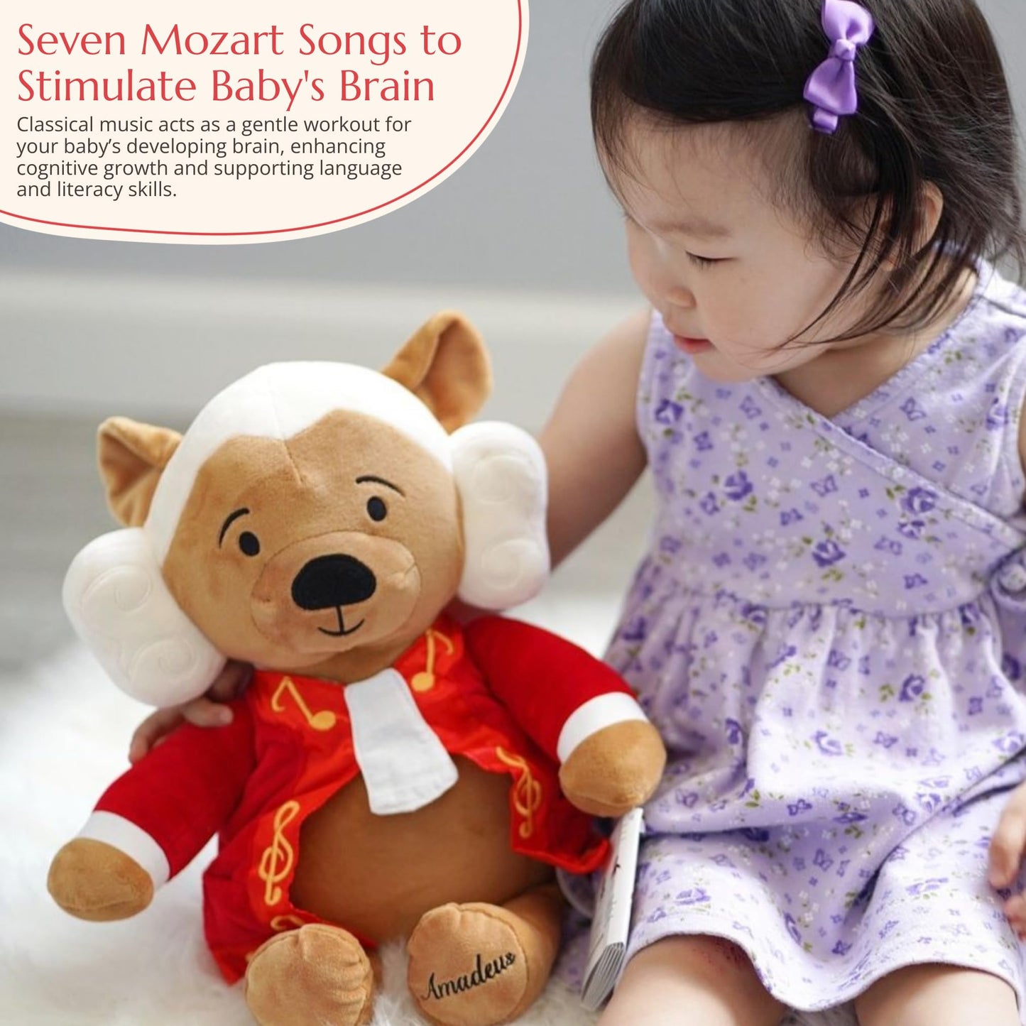 Vosego Amadeus Mozart Plush Bear – Plays 40 Mins of Classical Music, Educational & Soothing Interactive Teddy Bear for Babies & Toddlers, Perfect