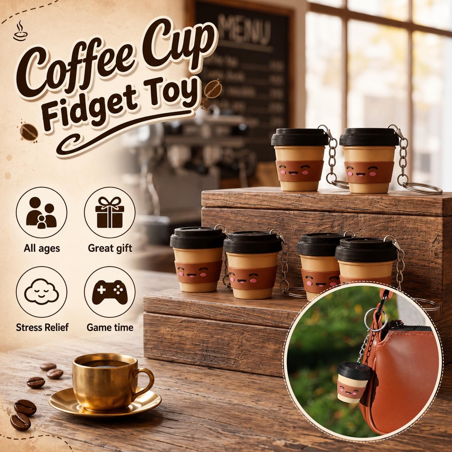 Kenning 12 Pcs Coffee Cup Clicker Fidget Keychain, 3D Printed Sensory Clicker Fidget Stress Relief Coffee Lover Gifts for Women, Coworkers, Office, Graduation Party Favors