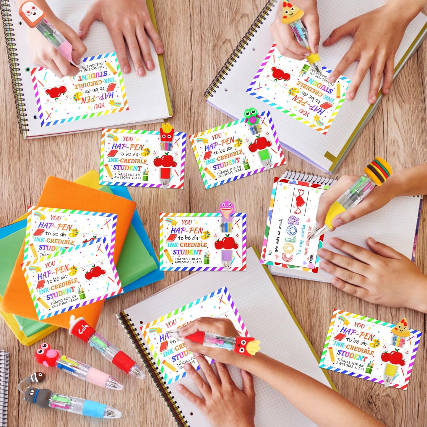 CZWZ 30 Set Cute Multicolor Pens in One 4-in-1 Fun Pens Bulk with 30 Gift Cards for Kindergarten Party End of Year Student Gift Bulk Office School Exchange Gifts