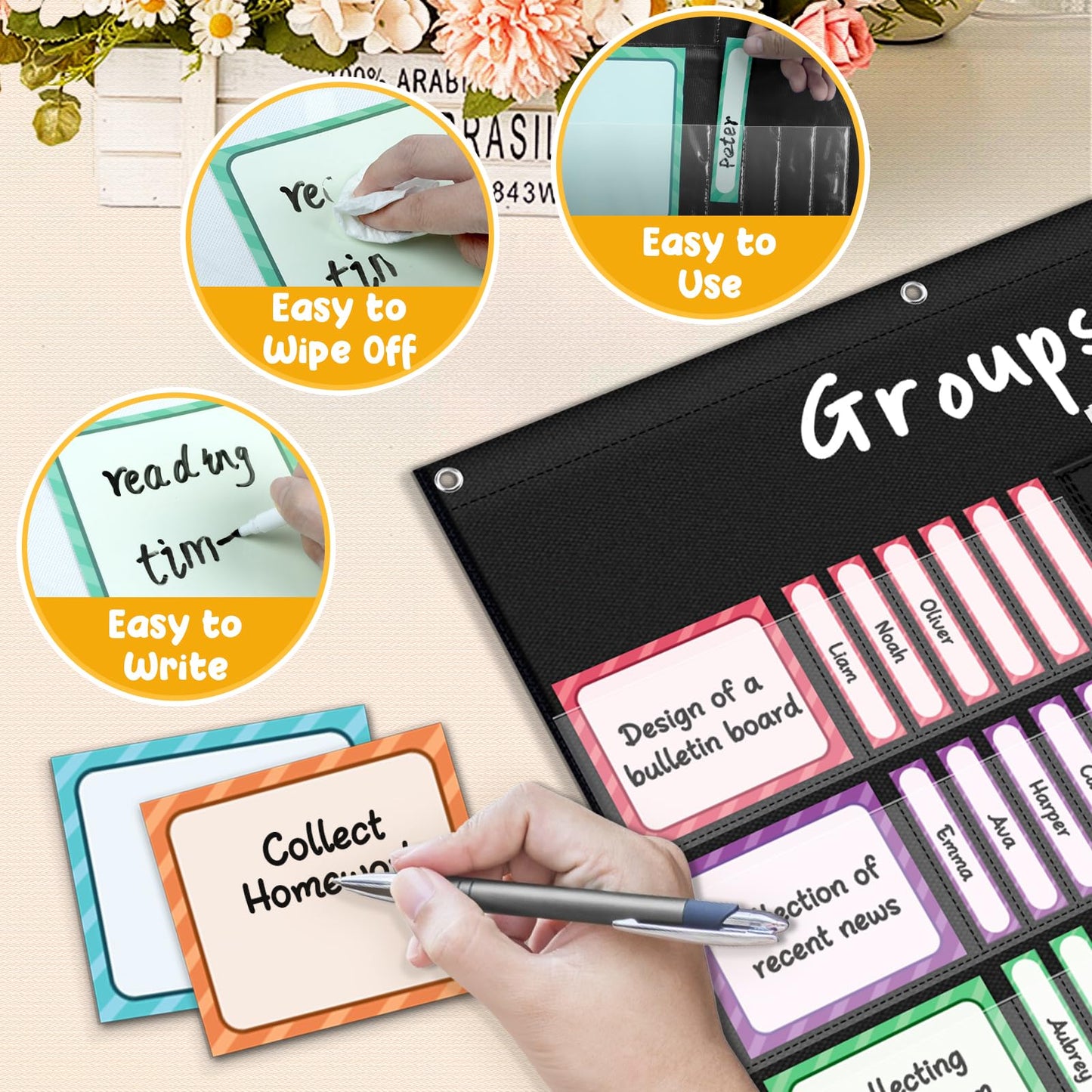 AKAYOK Small Group Pocket Chart with 84 Colorful Dry Erase Cards, Classroom Jobs Chart with 6 Pocket Wall Hanging File Folder, Pocket Chart for Classroom,Office,Home, Small Group Classroom Must Haves