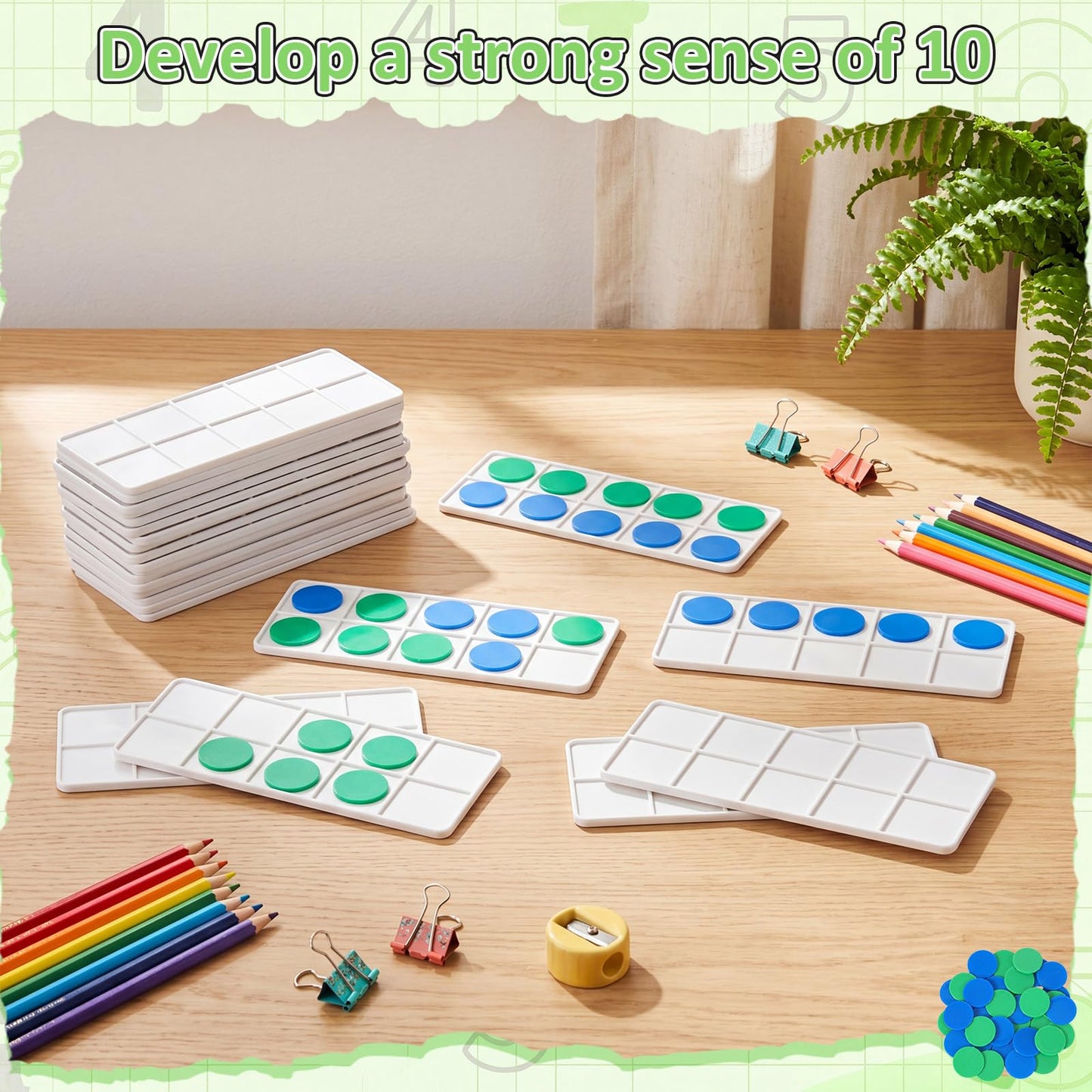 Soulchen 12 Sets Plastic Ten Frames for Classroom Math Manipulatives for Kids Classroom Math Counters Supplies Including 12 Plastic Ten Frames, 120 Counters for Teach Number Concepts (Green,Blue)