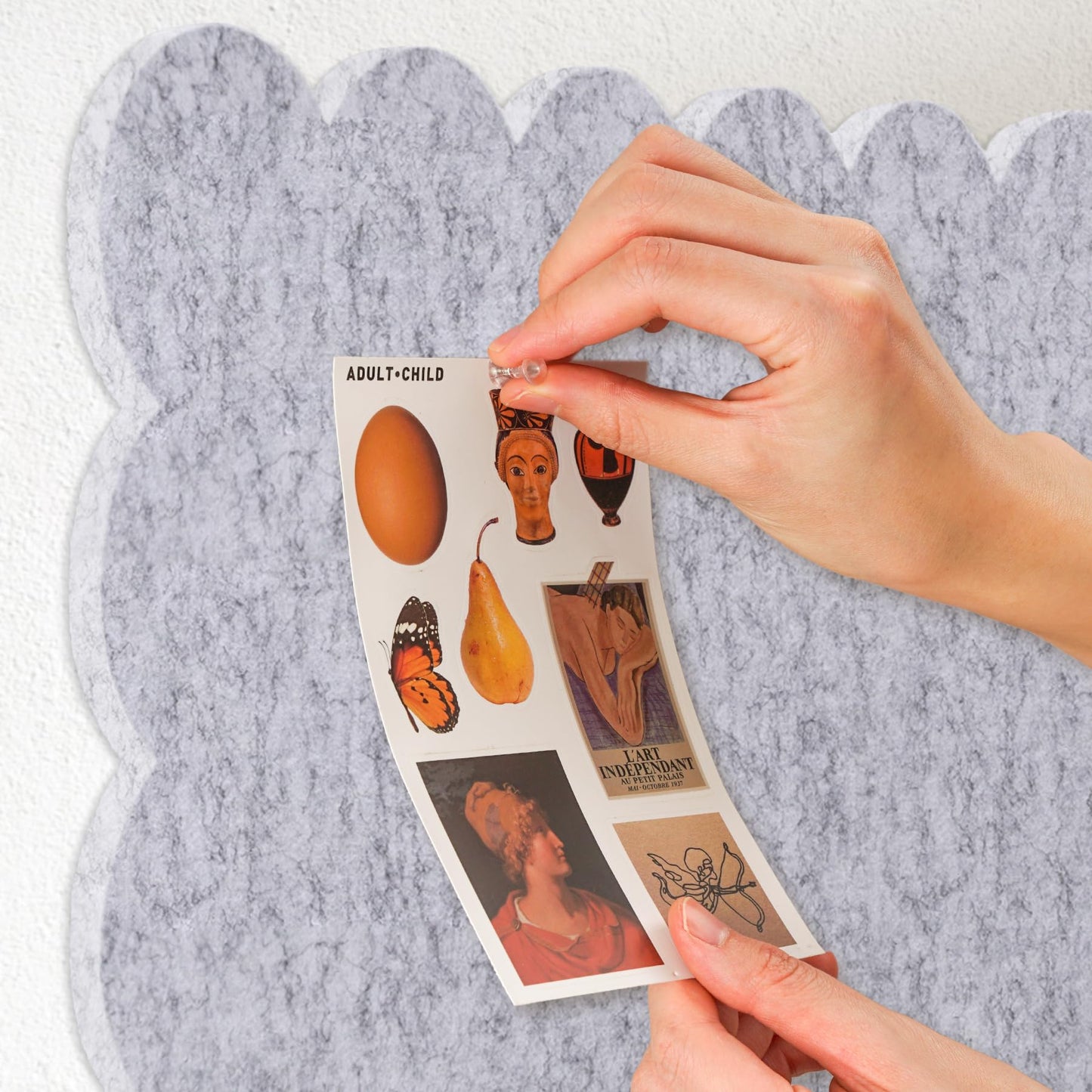 Lightomorrow Scalloped Bulletin Board, 24 x 18 Inches Felt Pin Board - Decorative Cork Alternative for Wall, Foldable Picture Self-Adhesive Vision Prayer Board with 20 Pushpins - Marble White