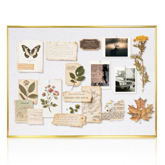 QUEENLINK Linen Bulletin Board 36" x 24", White Fabric Pin Board with Gold Aluminum Frame, Decorative Vision Board for Home Office, Bedroom & Dorm Wall Decor, Includes 10 Push Pins