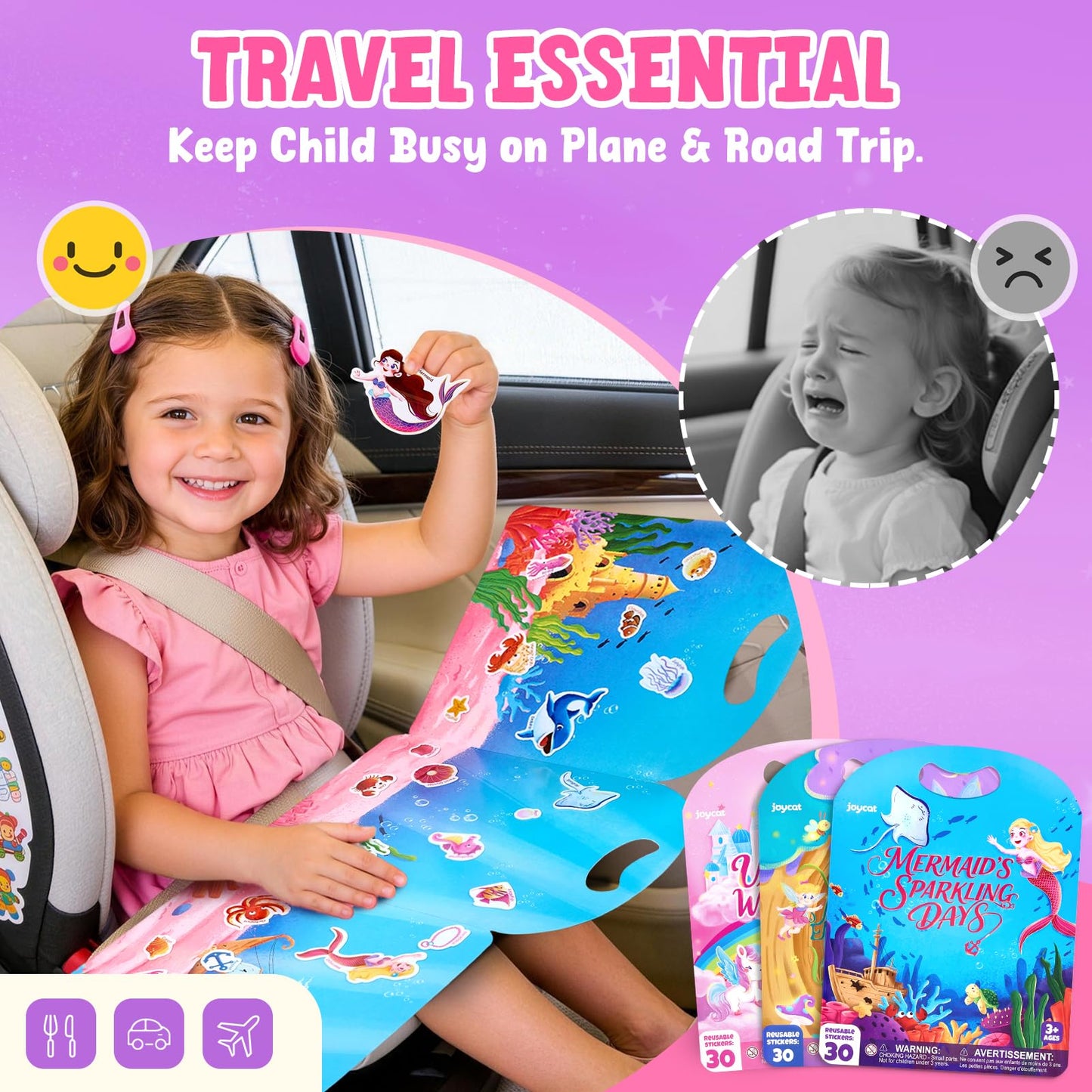 JoyCat Reusable Sticker Book Set (3-Pack): Unicorn, Fairies, Mermaid - 90 Pcs Stickers for Toddlers, Kids Sticker Activity Book, Road Trip Travel Toys, Party Favors, Birthday Gifts for Baby Girls