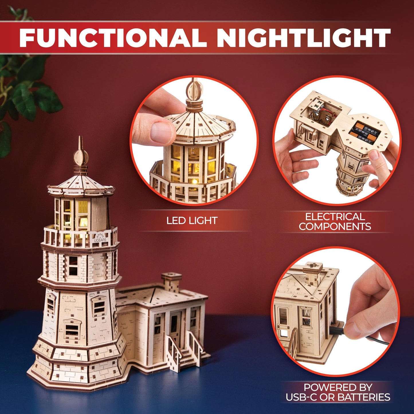 UGEARS Split Rock Lighthouse 3D Wooden Puzzles for Adults – Wooden Model Kits for Adults, Crafts for Adult, Model Kits to Build, Wooden 3D DIY Model Brain Teaser, Hobby Set