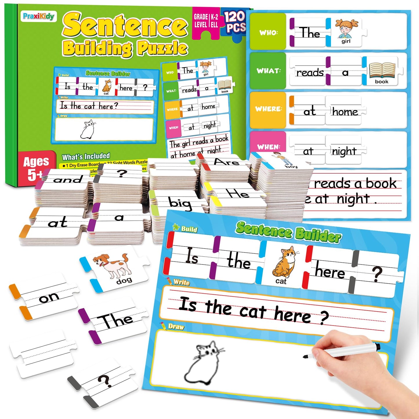 PraxiKidy Sentence Building for Kids,Sight Word Puzzles for Kindergarten 1st 2nd Grade,Speech Therapy Materials ESL Special Education Classroom Must Haves Reading Games Learning Activities Homeschool