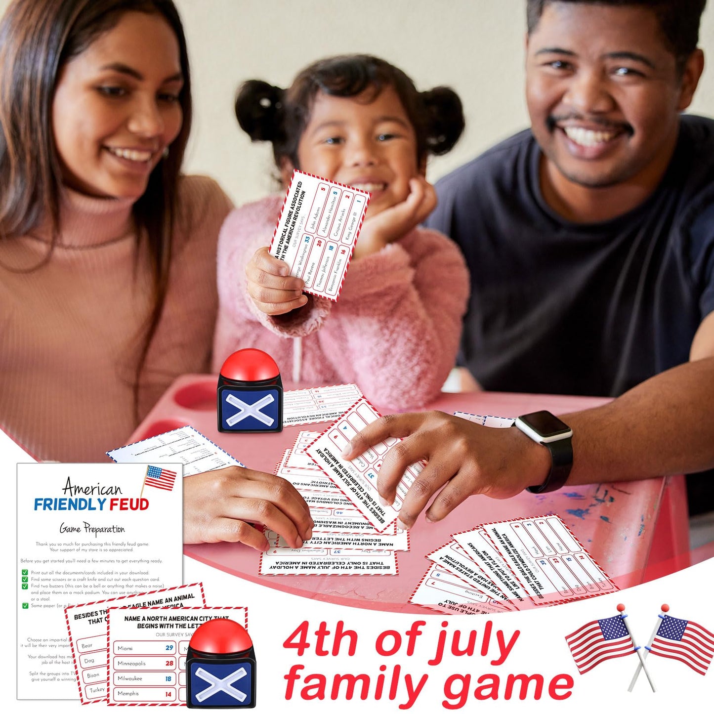 Syhood 4th of July Friendly Feud Game with Answer Buzzer, Patriotic Independence Day Feud Party Game, Fun Family Trivia Quiz Night for Party, Adults, Office, Classroom, Large Group and Team Building