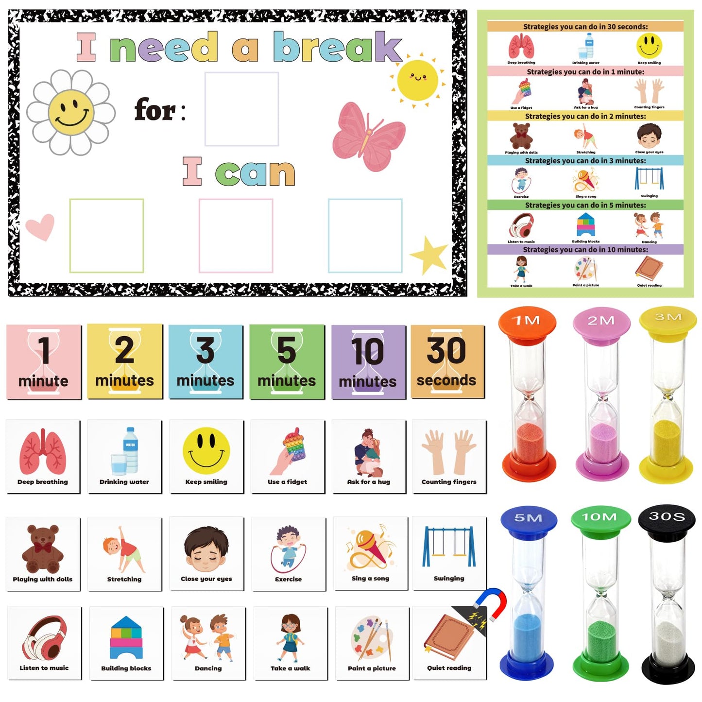 32Ps Calm Down Corner Supplies Items Special Education Autism Classroom Must Haves Visual Magnetic Card Sand Timer, Emotion Calming Corner Behavior Chart Classroom Sensory Room School Counselor Office