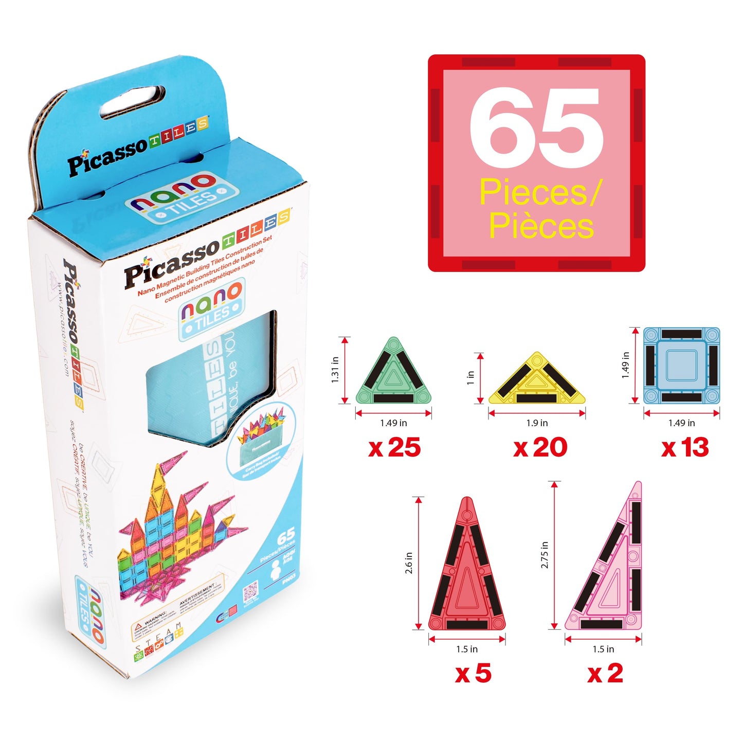 PicassoTiles 65pc Nano Magnetic Tile Travel Size Mini Portable Toy Construction Building Blocks Playset with Storage Bag Pouch STEM Montessori Classroom Magnet Tiles Stacking Toys for Kids Age 3+ PN03