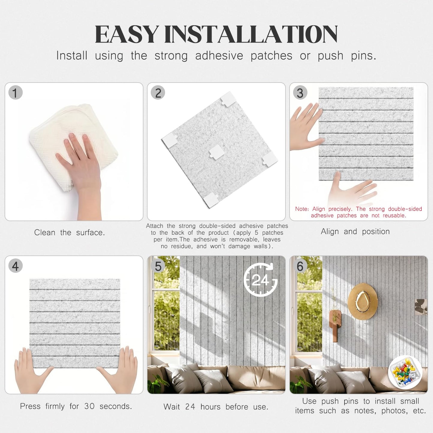 59 x 36 Felt Bulletin Board Tiles - 15 Pack 150g High-Density Sound Absorbing Panels, Slat Wall Cork Board Alternative for Office & Home, Includes 30 Pushpins & 75 Adhesive Tabs, Light Gray
