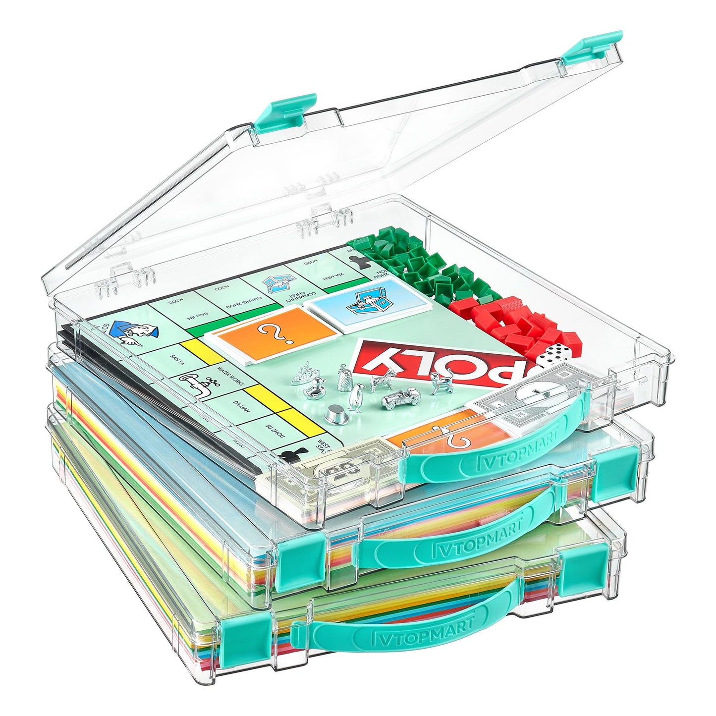 Vtopmart 3 Pack Board Game Storage with Handle and Snap-Tight Latch Lid, Craft Organizer Fit 12" x 12" Papers, Stackable Clear Storage Box for Scrapbook Storage, Art Supply Storage, Puzzle Storage