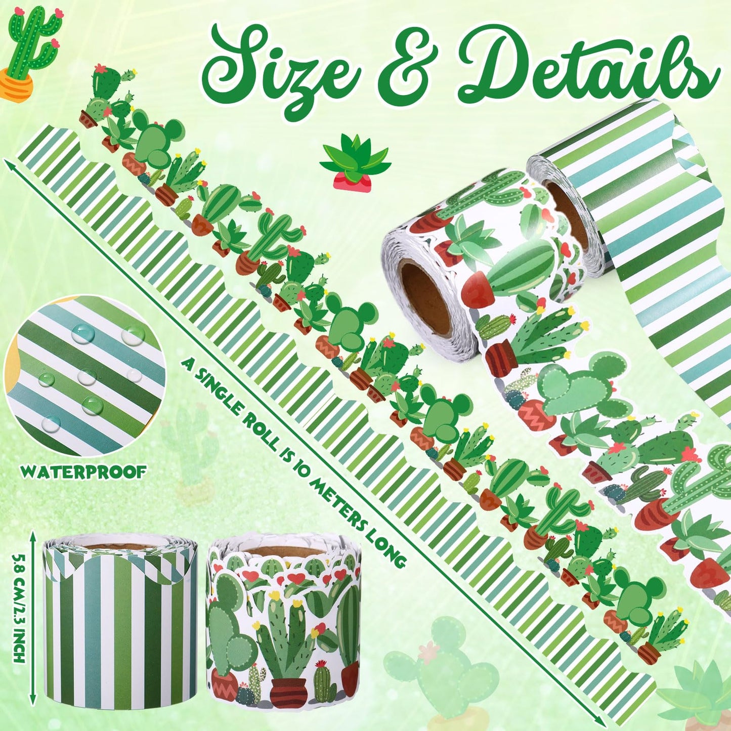 Trandraft 2 Rolls 65.6ft Cactus Bulletin Board Decorations Borders Strips Succulent Classroom Decor Back to School Trim Borders for Home Office(Cactus Style)