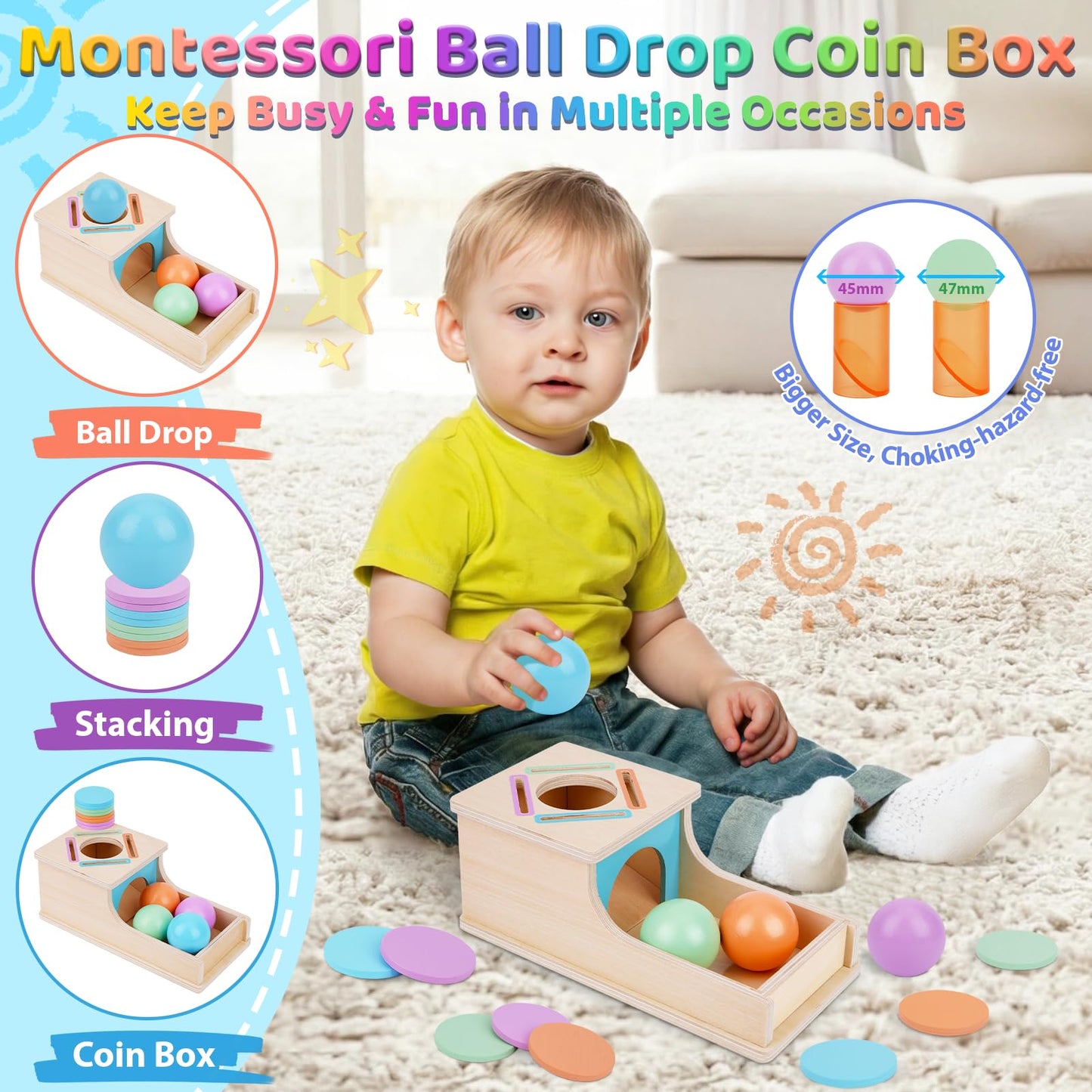 FCSONU Toddlers Montessori Coin Box Toys for 1 2 3 Year Old Boys Girls, Object Permanence Box Ball Drop Toy, Learning Sorting Sensory Toys for Ages 2-3 Kids, 1st Birthday Gifts for Baby 12-18 Months