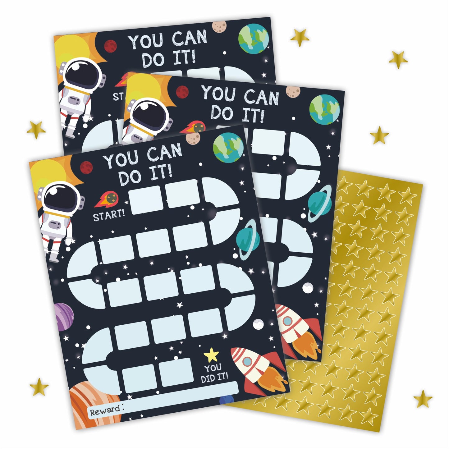10 Reward Chart with 206 Golden Star Stickers-Outer Space Theme- Chore Chart, Incentive Chart,Positive Behavior Reward Chart for Kids,Toddler Homework Assignments, Attendance(8"X10")-A01