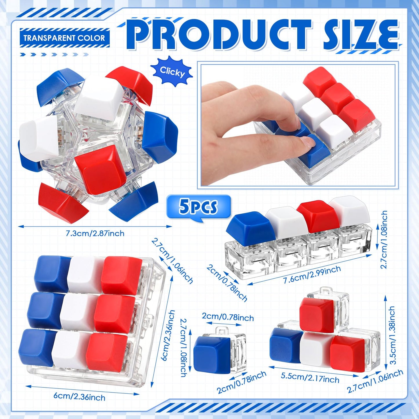 Halloscume 5 Pcs 4th of July Keyboard Fidget Clicker Keychain in 5 Styles Red White Blue Cube Mechanical Key Button Clicker Stress Relief Gift for Memorial Day 250th Anniversary Office Home