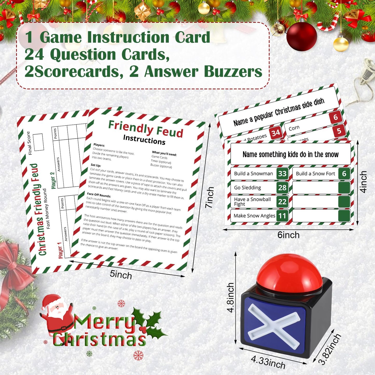 Syhood Christmas Friendly Feud Card Game with 2 Answer Buzzers, Xmas Family Trivia Quiz Game Night, Fun Party Activities for Adults, Office, Classroom, Large Group and Team Building