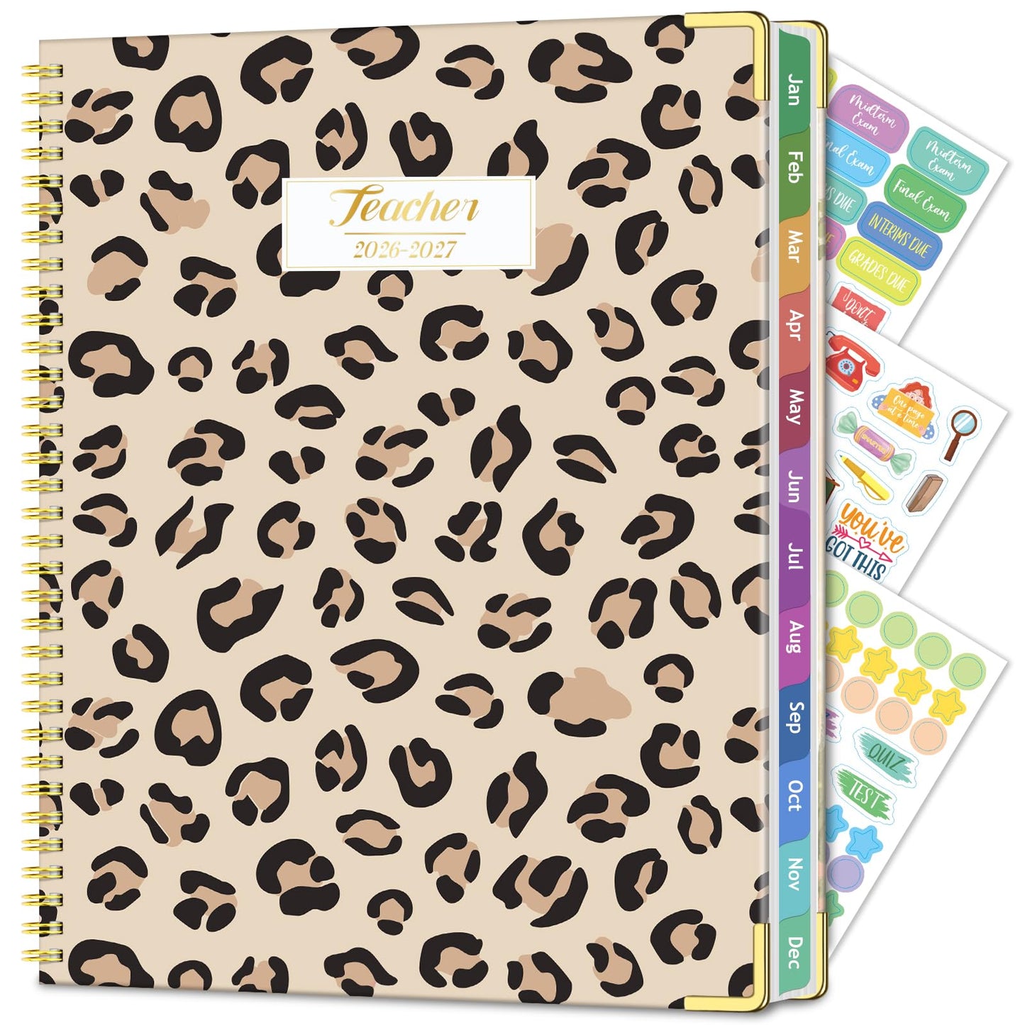 Teacher Planner 2026-2027, Jul 2026-Jun 2027 Academic Year, 8.5" x 11" Lesson Planner Book for Teacher Calendar, Spiral Bound Planners, Planning Stickers, Colorful Monthly Tabs, Leopard