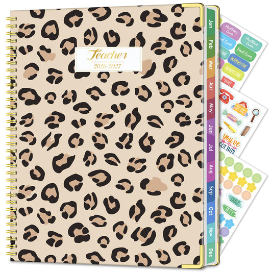 Teacher Planner 2026-2027, Jul 2026-Jun 2027 Academic Year, 8.5" x 11" Lesson Planner Book for Teacher Calendar, Spiral Bound Planners, Planning Stickers, Colorful Monthly Tabs, Leopard
