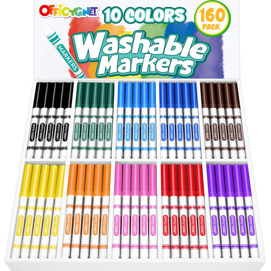 Officygnet 160 Count Washable Markers Bulk, 10 Assorted Colors, Conical Tip with Fine & Broad Line Coloring Marker for Kids, Markers Bulk for Classroom, School Art Supplies, Back to School Essentials